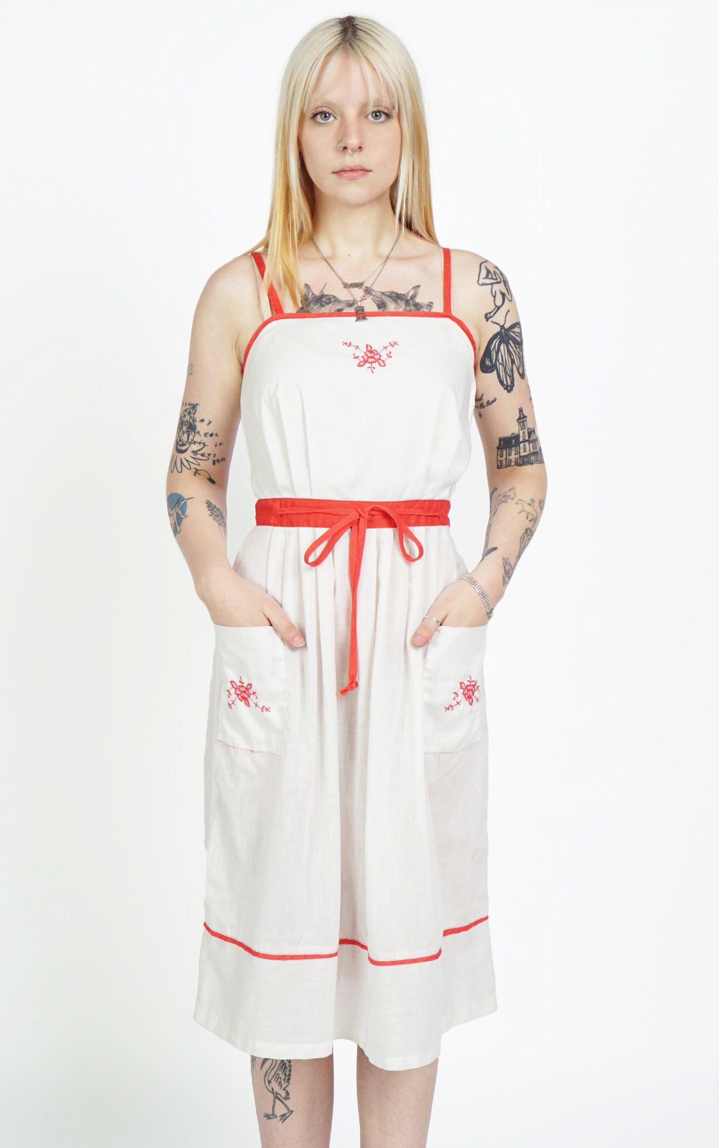VINTAGE 80s White Embroidered Pockets Cami Straps Dress resellum