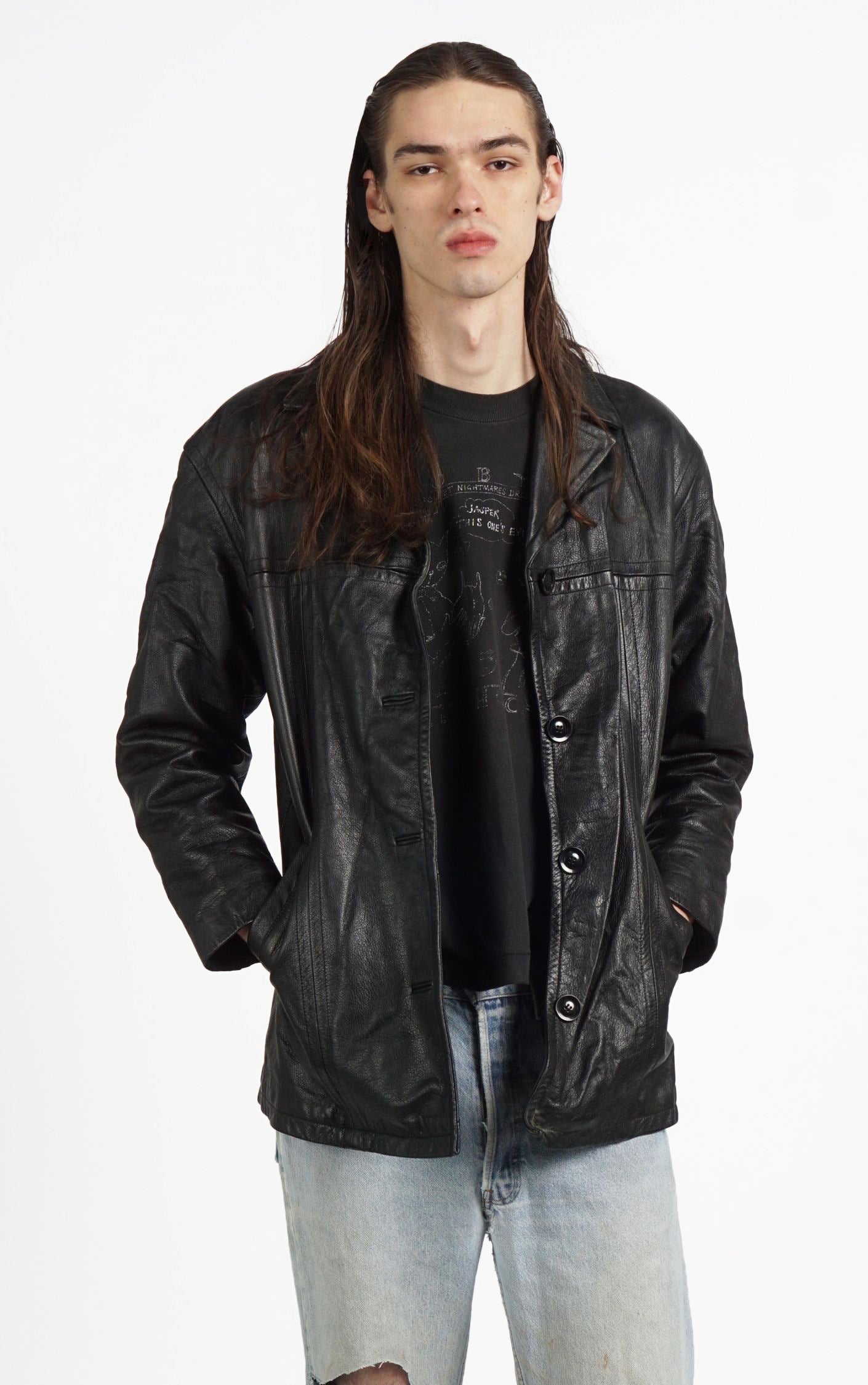 VINTAGE 90s Black Leather Button Down Tailored Jacket resellum