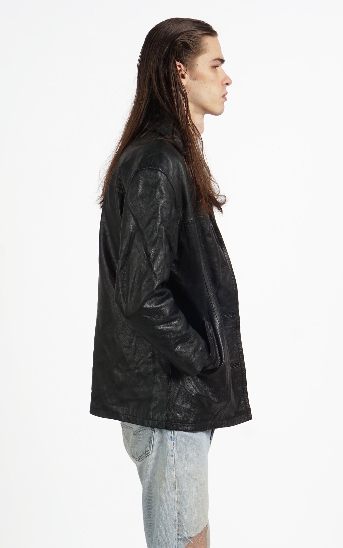 VINTAGE 90s Black Leather Button Down Tailored Jacket resellum