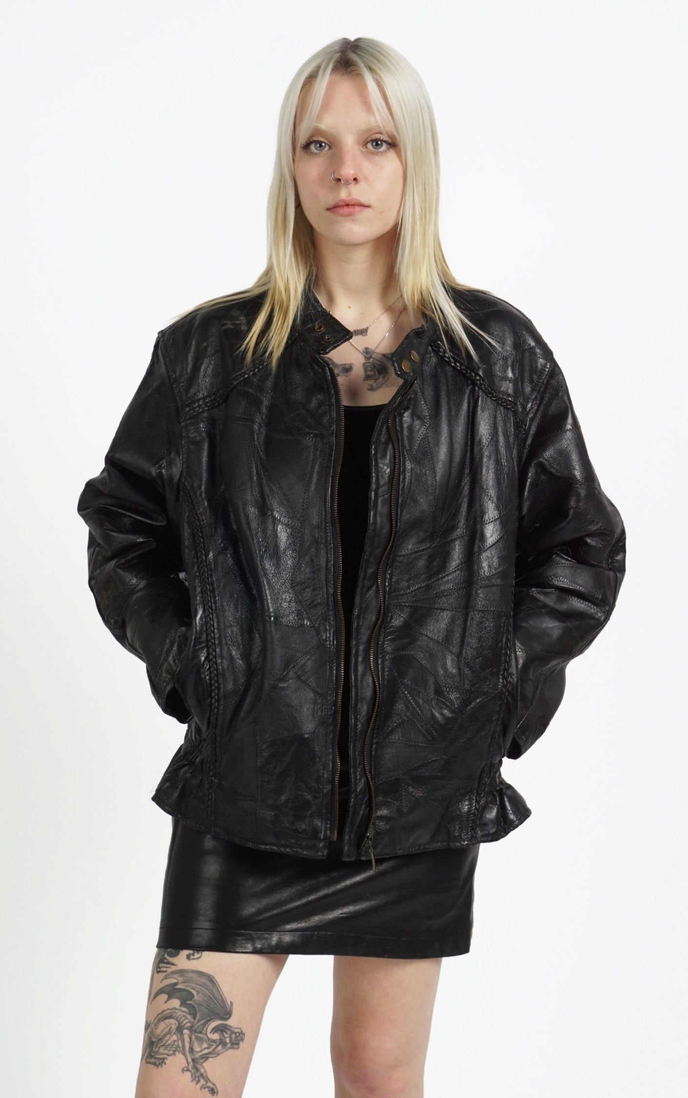 VINTAGE 90s Black Real Leather Patchwork Grunge Oversized Jacket resellum