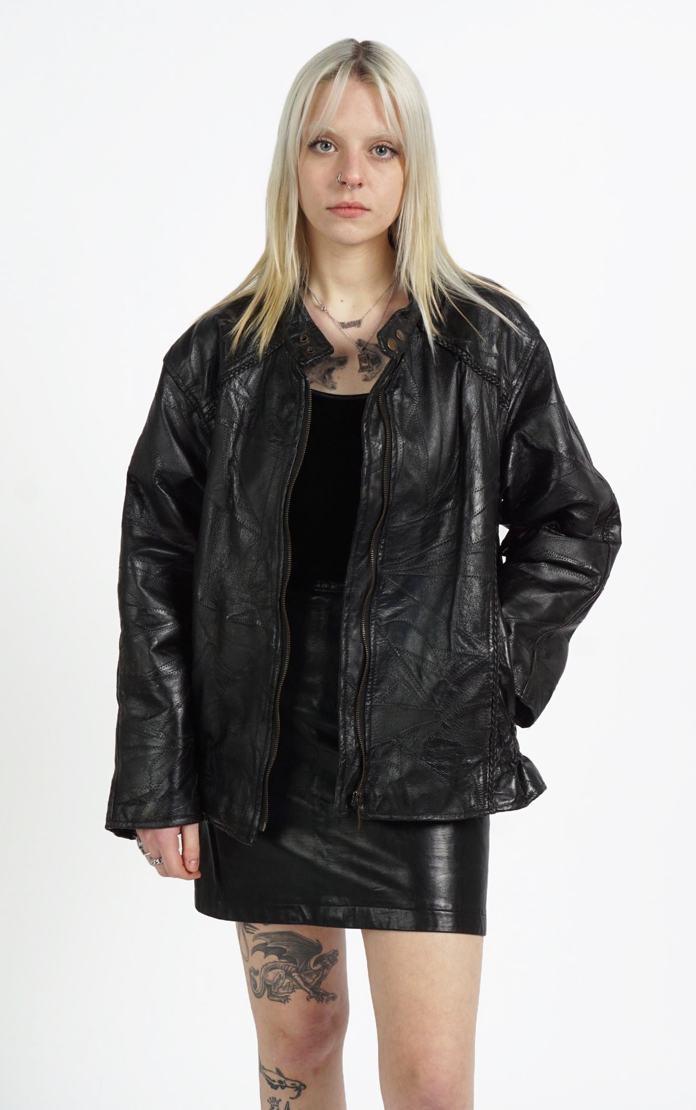 VINTAGE 90s Black Real Leather Patchwork Grunge Oversized Jacket resellum