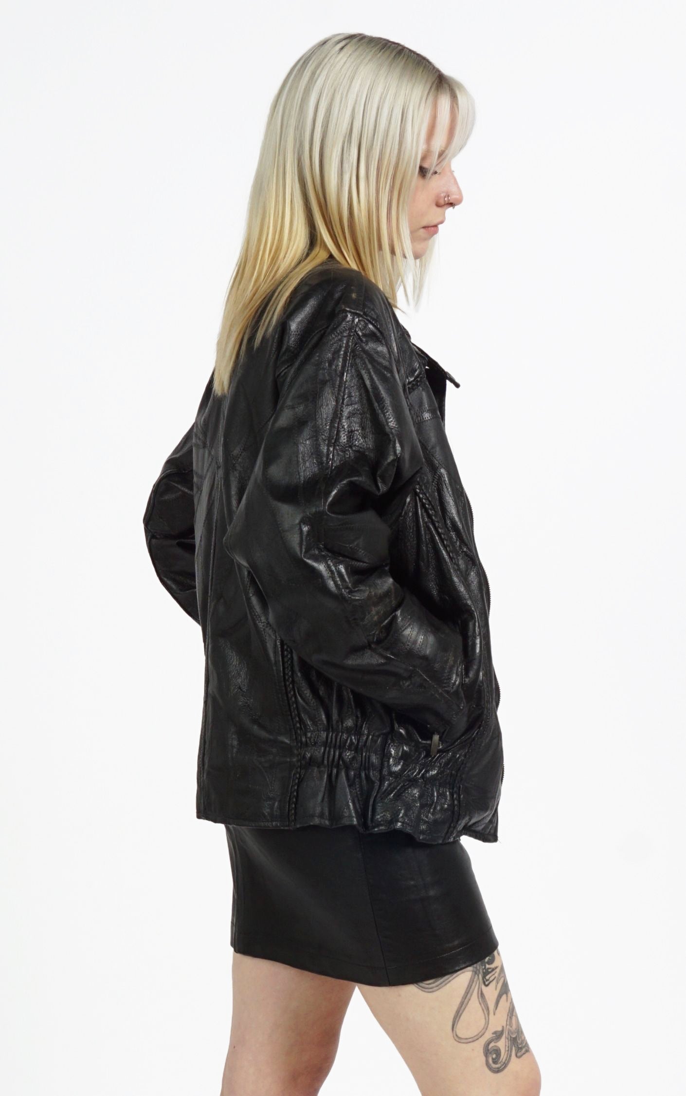 VINTAGE 90s Black Real Leather Patchwork Grunge Oversized Jacket resellum