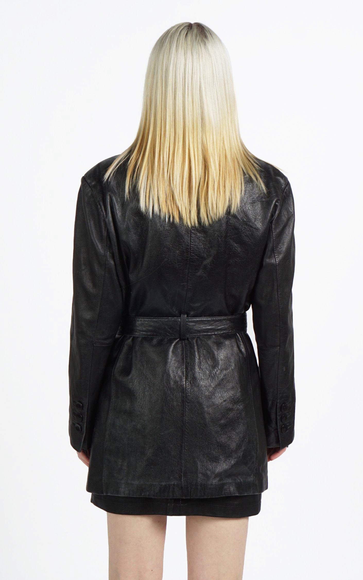 VINTAGE 90s Black Real Leather Button Down Belted Coat resellum