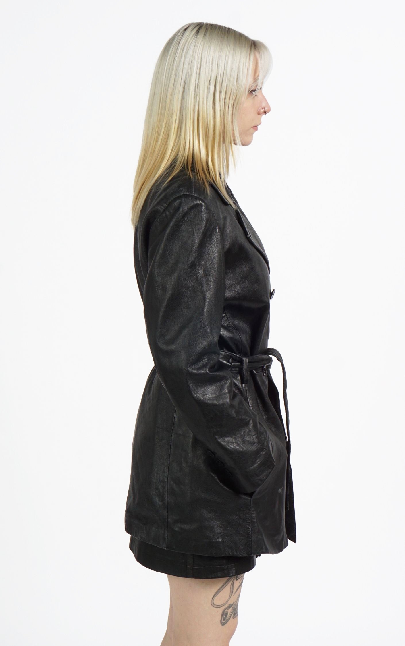 VINTAGE 90s Black Real Leather Button Down Belted Coat resellum