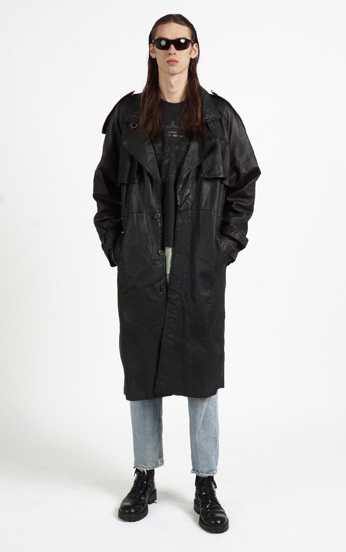 VINTAGE 90s Black Real Leather Long Buttoned Oversized Coat resellum