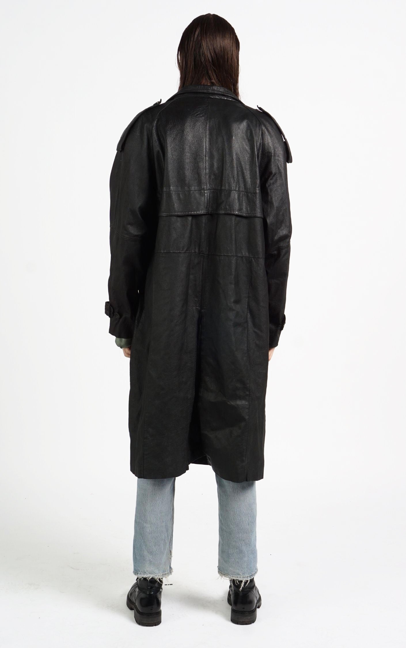 VINTAGE 90s Black Real Leather Long Buttoned Oversized Coat resellum