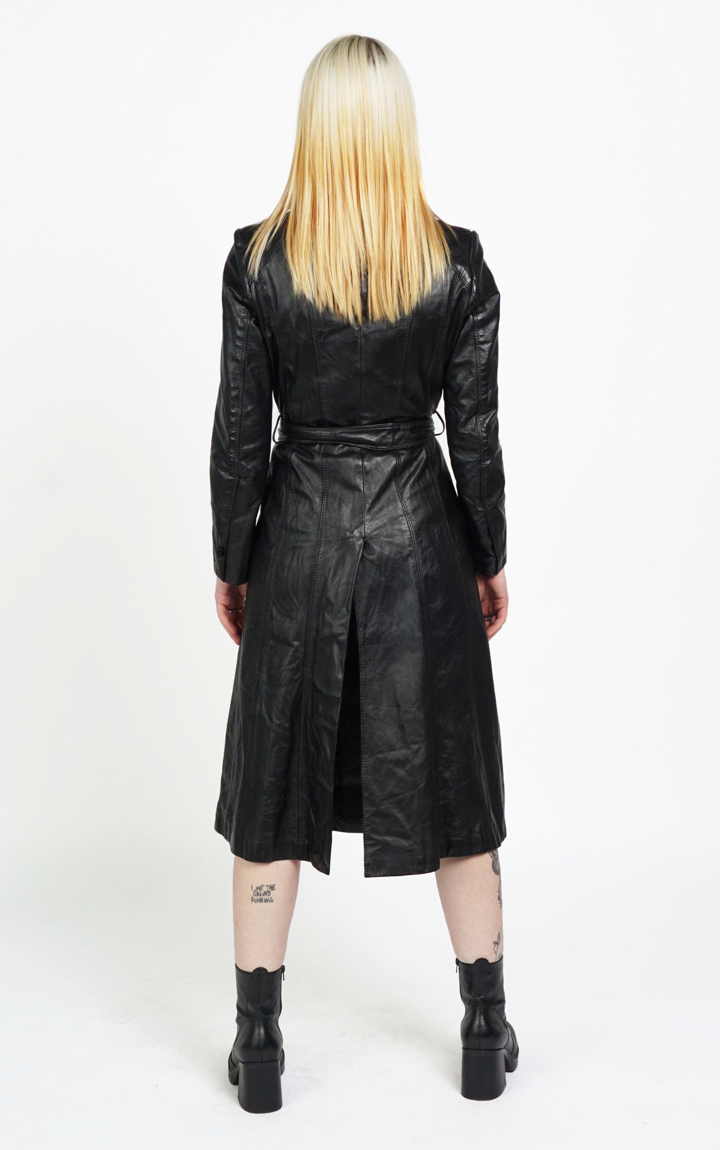 VINTAGE 90s Casablanca Real Leather Black Belted Coat resellum