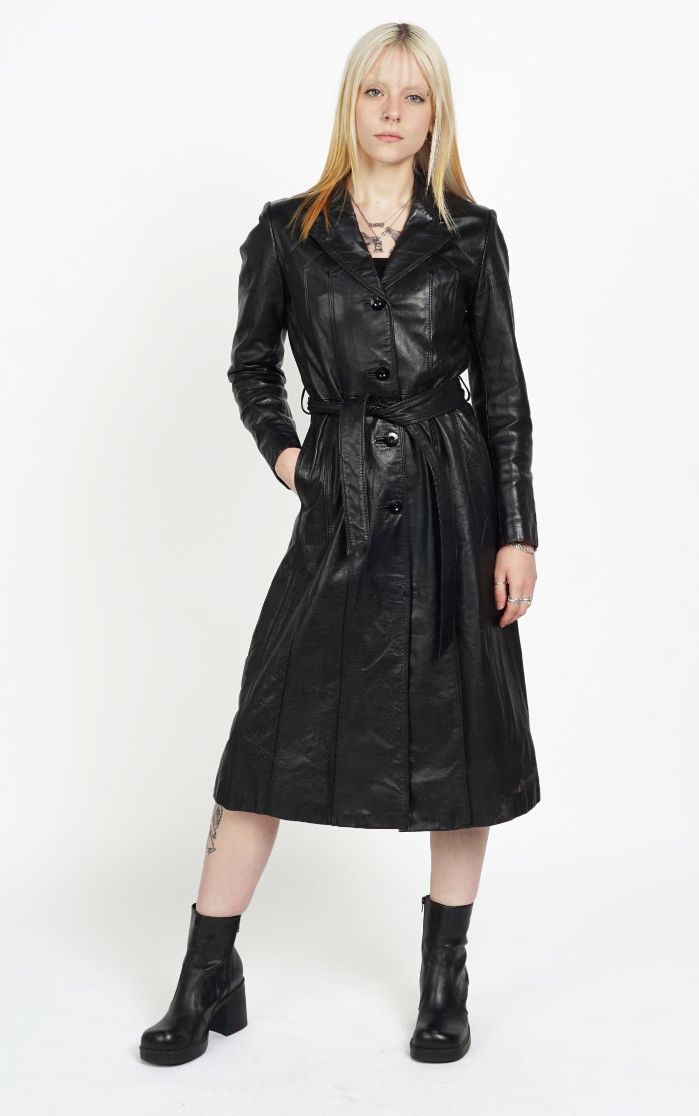 VINTAGE 90s Casablanca Real Leather Black Belted Coat resellum