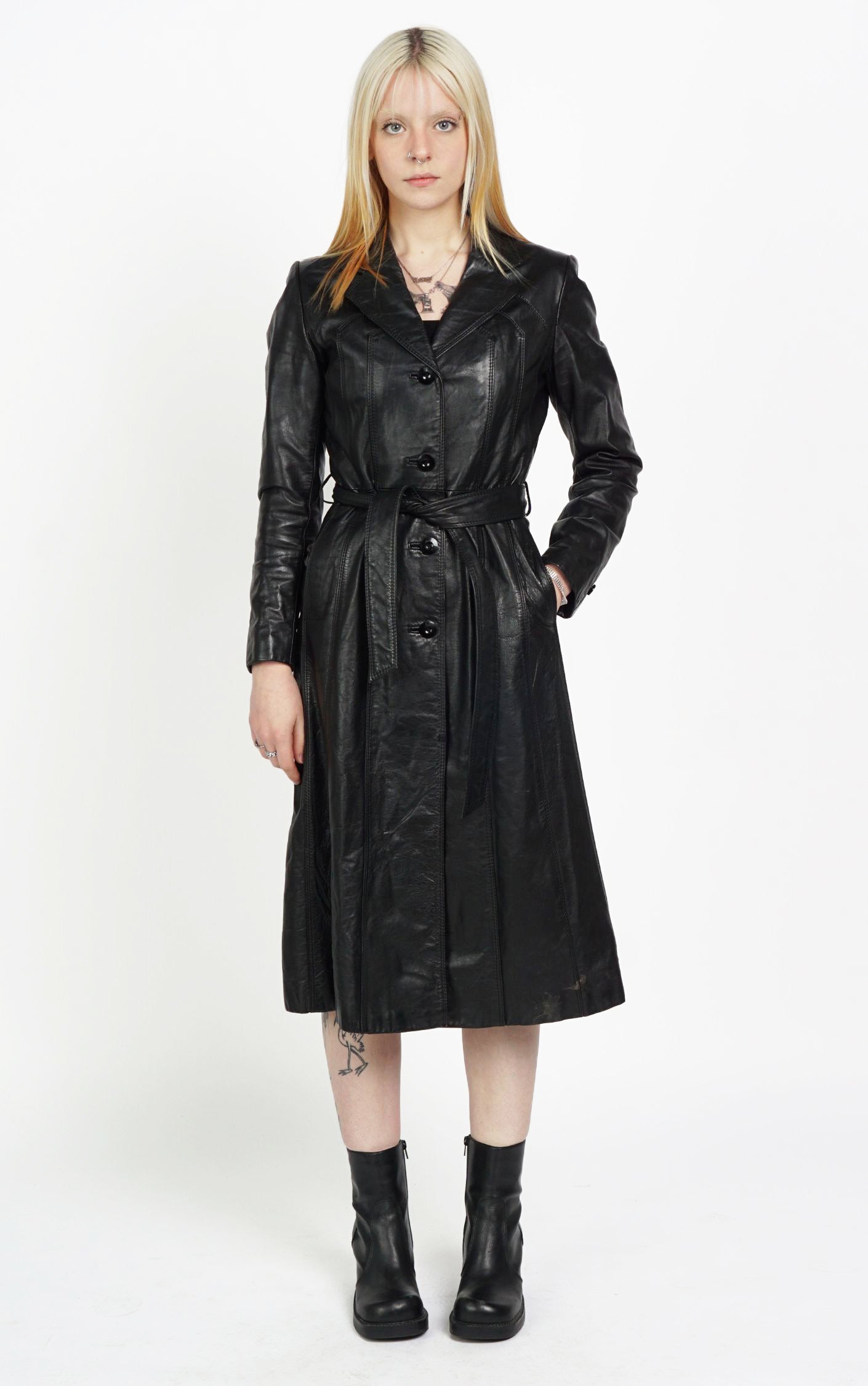 VINTAGE 90s Casablanca Real Leather Black Belted Coat resellum