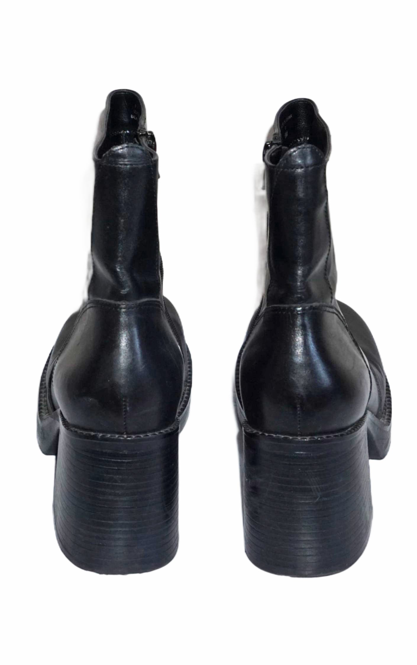 VINTAGE 90s Chunky Heels Square Toe Black Leather Ankle Boots resellum