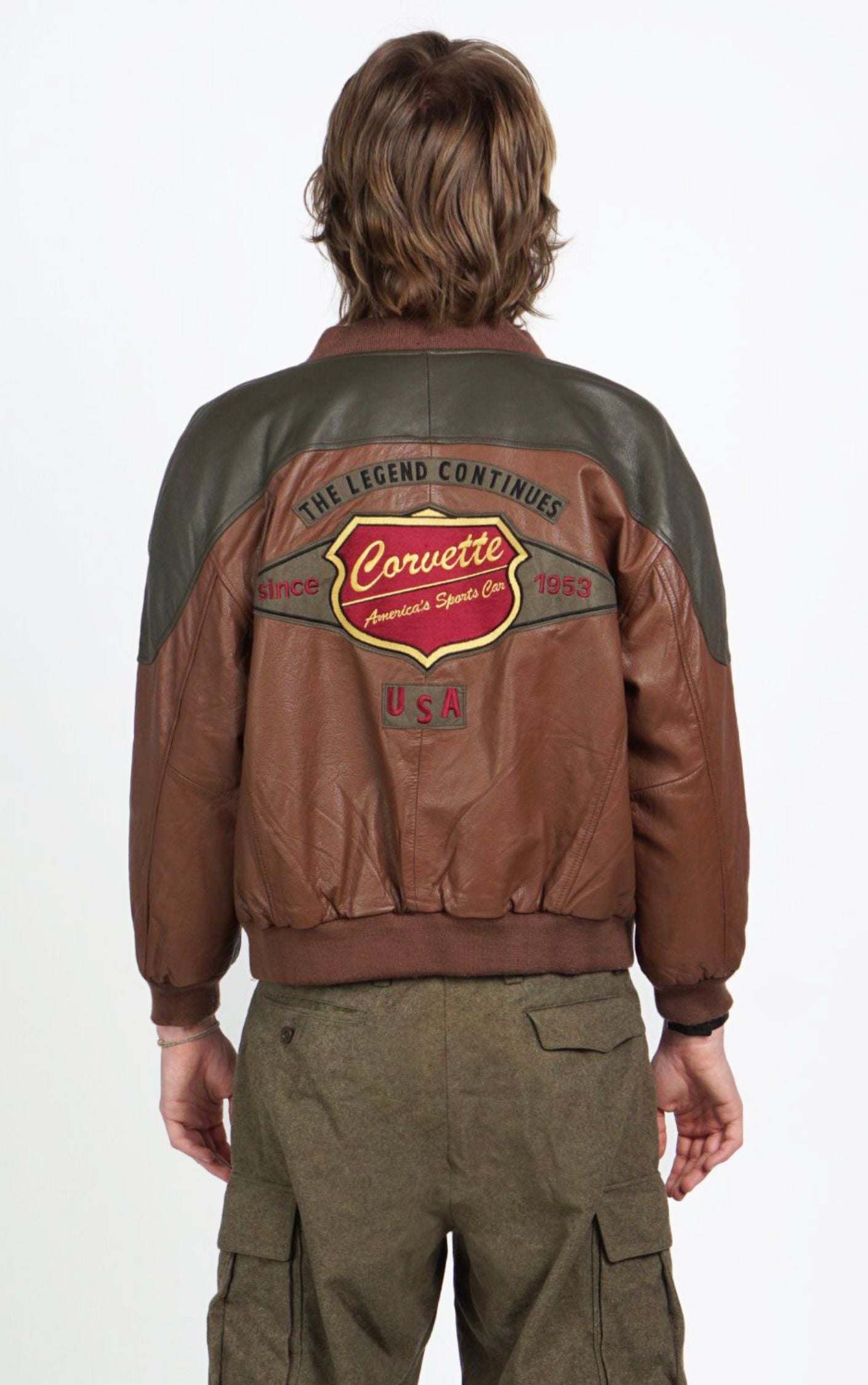 VINTAGE 90s Corvette Sports Car Leather Bomber Jacket resellum