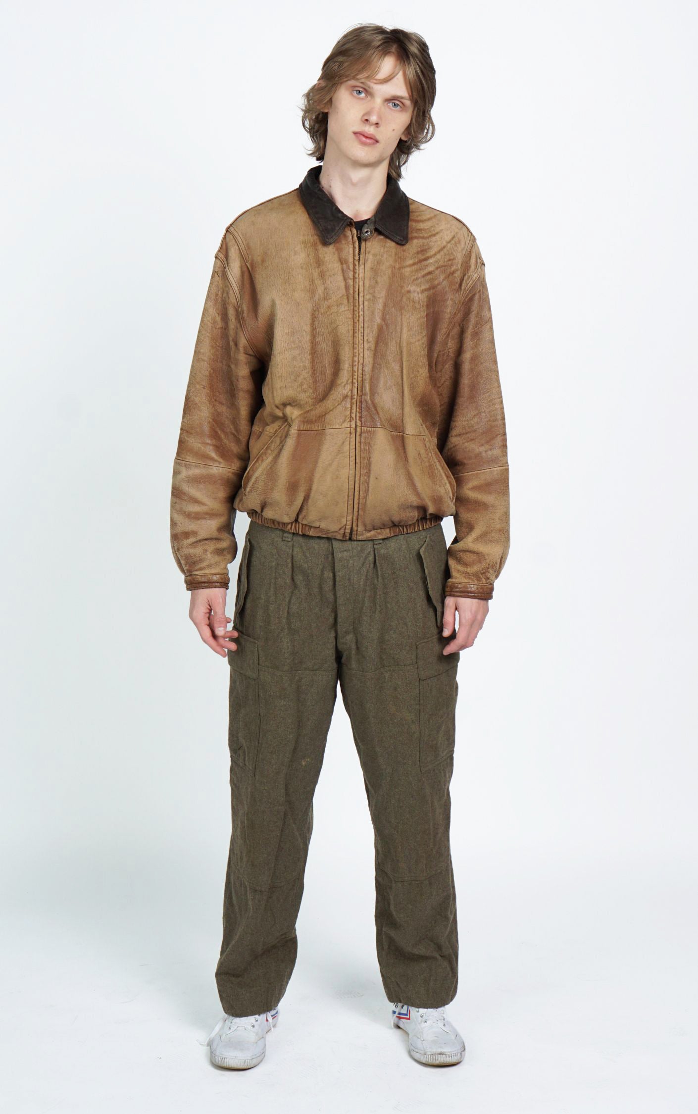 VINTAGE 90s Perry Ellis Brown Faded Leather Bomber Jacket