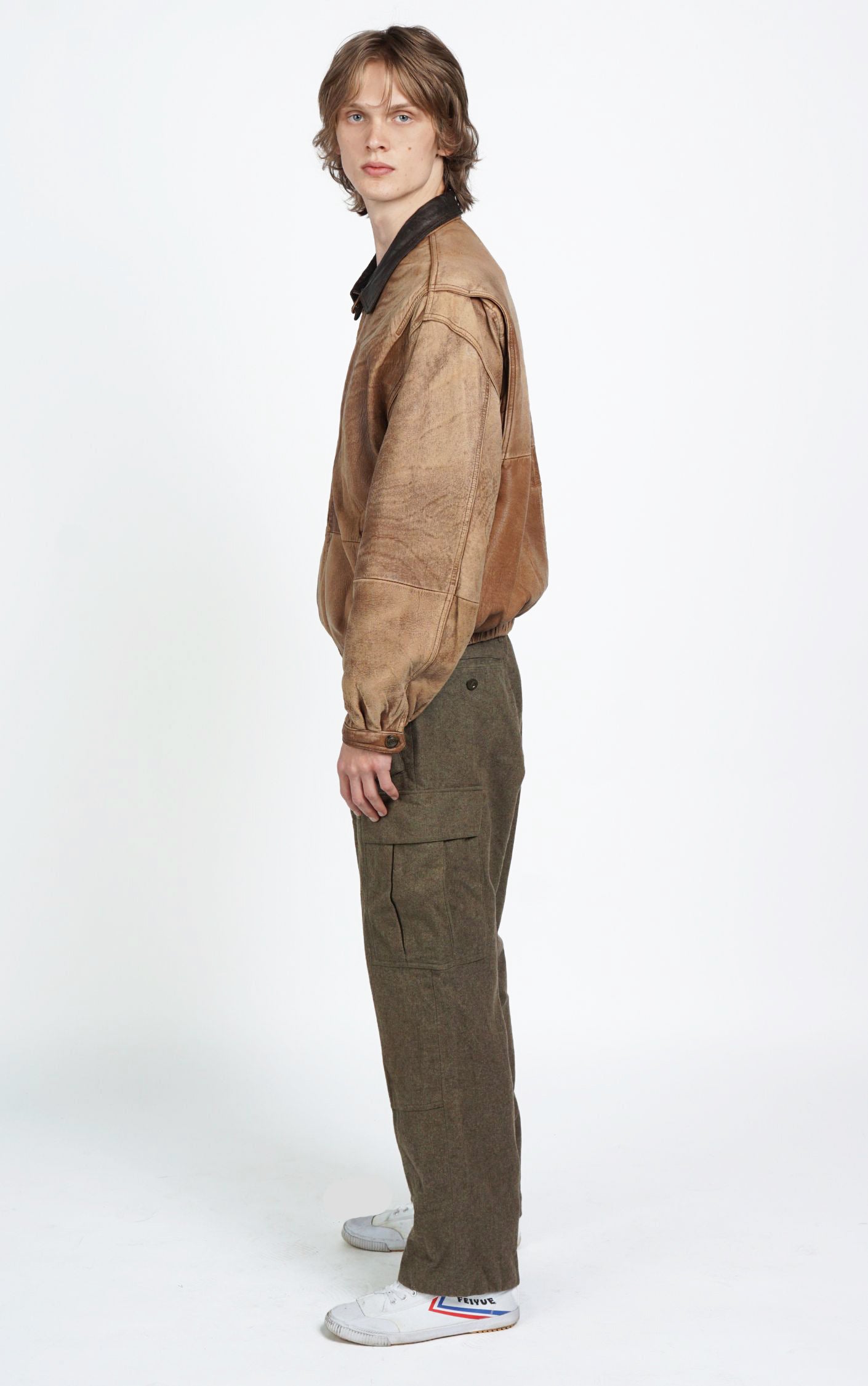 VINTAGE 90s Perry Ellis Brown Faded Leather Bomber Jacket