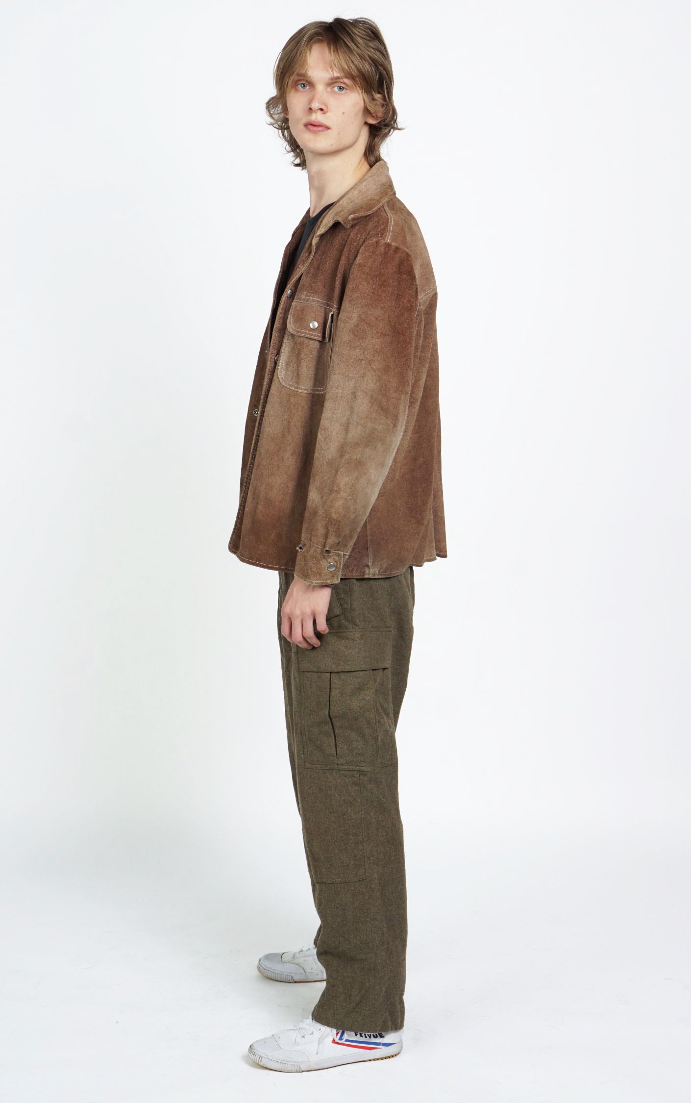 VINTAGE 90s Real Leather Suede Brown Button Down Shirt resellum