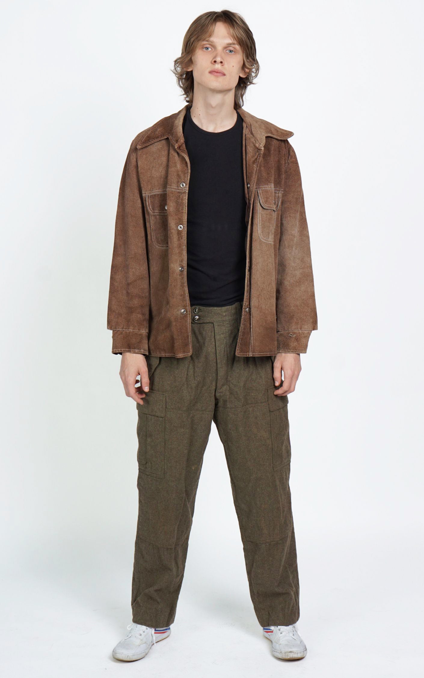 VINTAGE 90s Real Leather Suede Brown Button Down Shirt resellum