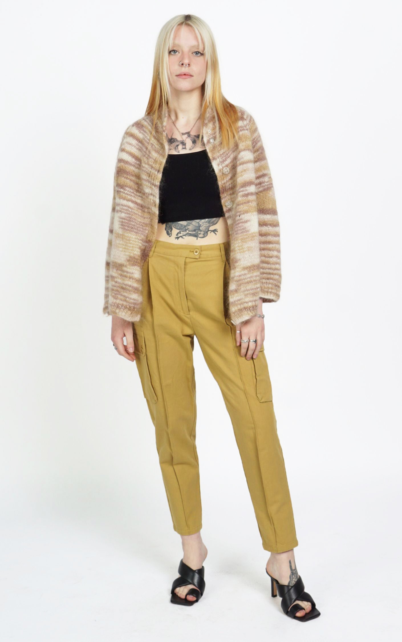 VINTAGE Angora Shaggy Striped Buttoned Cardigan resellum