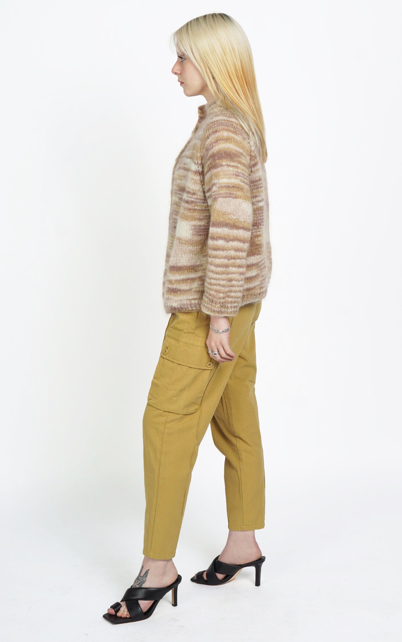 VINTAGE Angora Shaggy Striped Buttoned Cardigan resellum