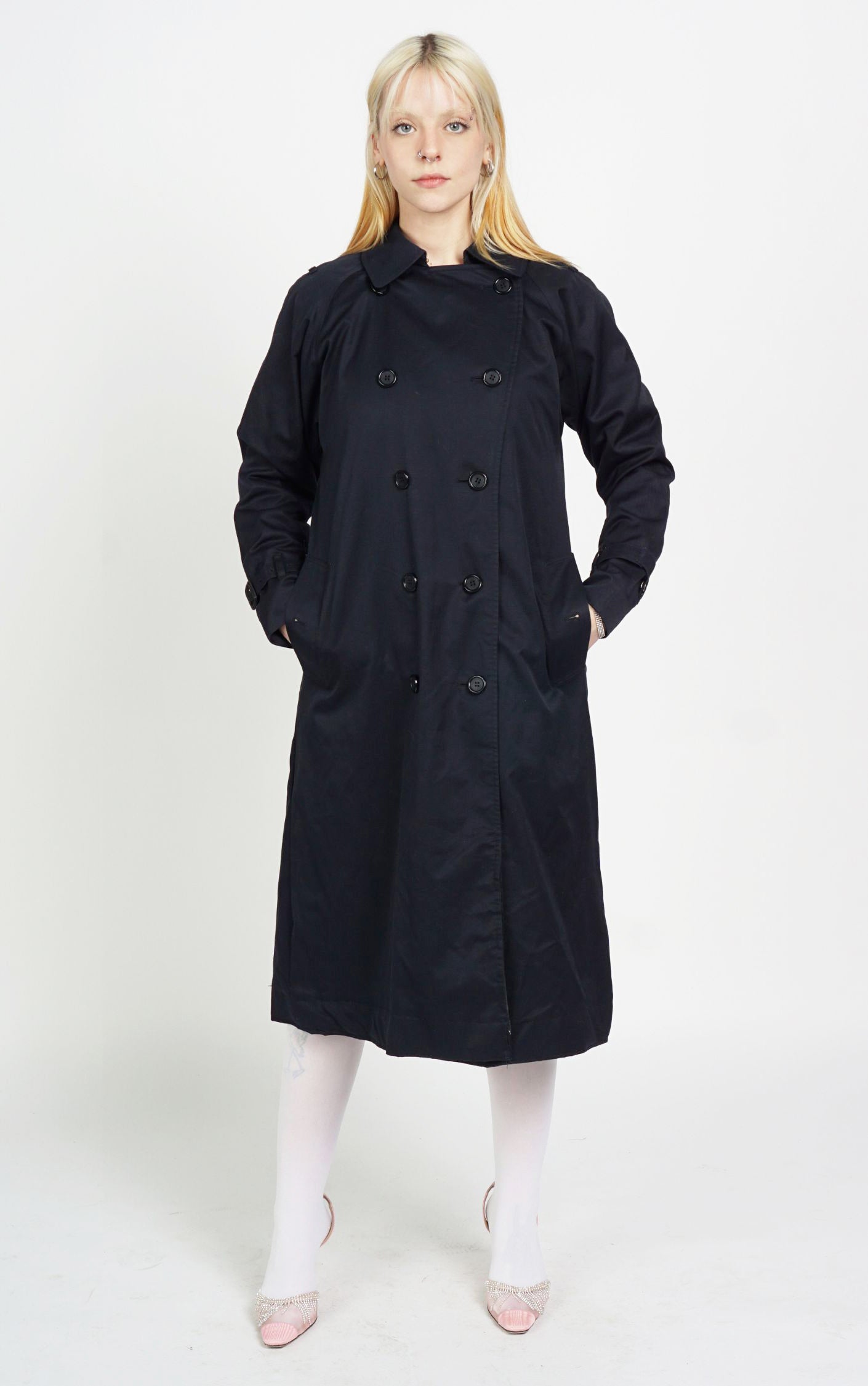 VINTAGE BURBERRY Tartan Wool Lining Navy Trench Coat resellum