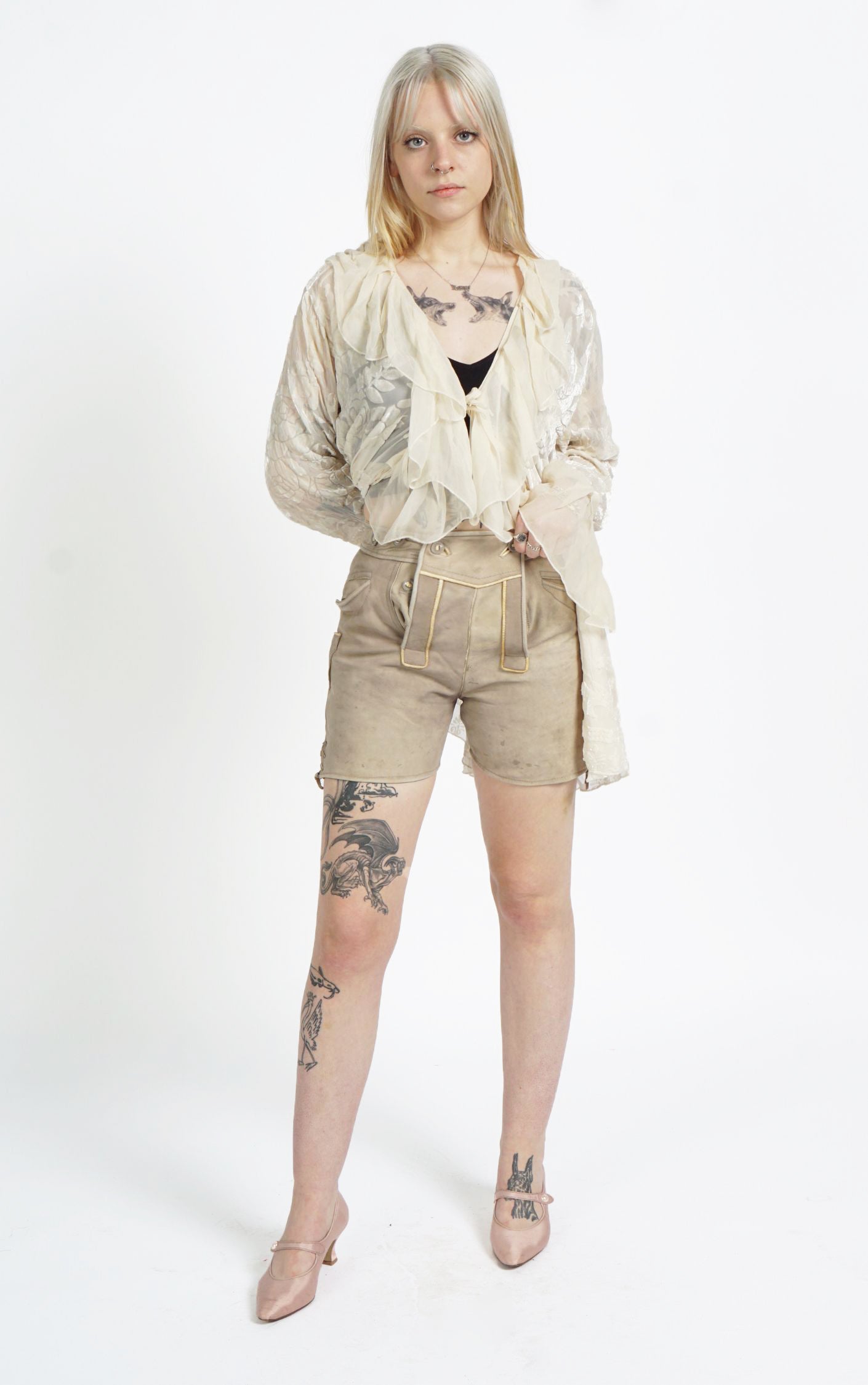 VINTAGE Beige Leather Octoberfest Lederhosen Mini Shorts resellum