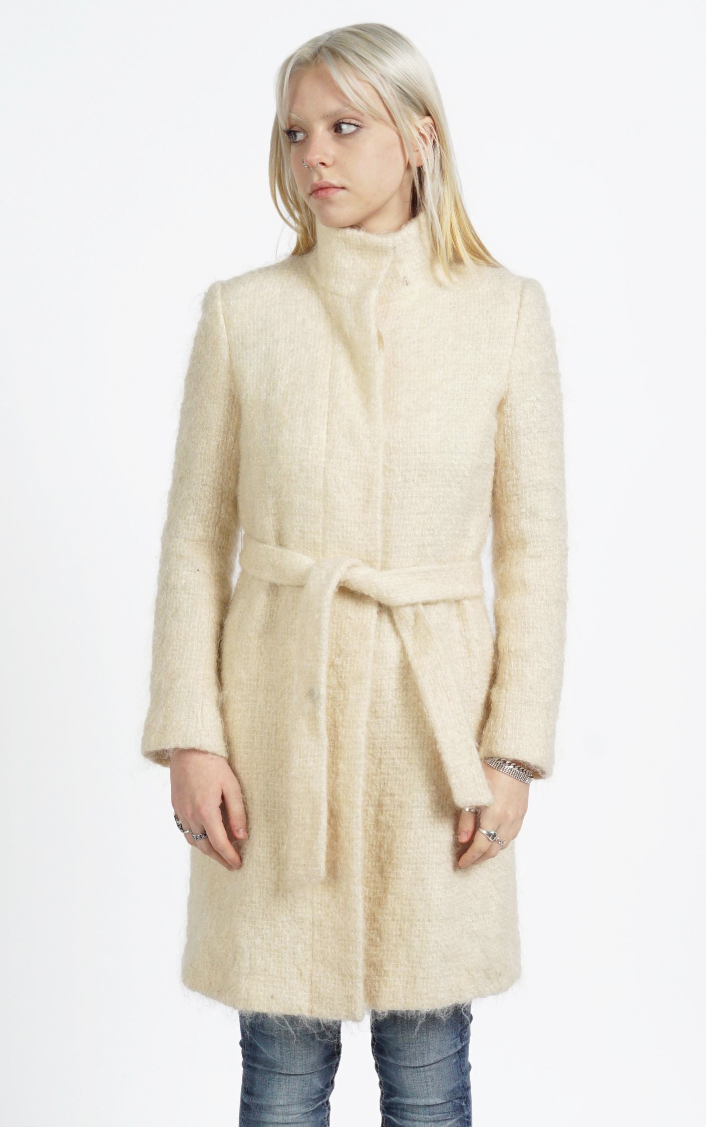 VINTAGE Beige Pastel Fuzzy Angora Wool Belted Stand Collar Coat resellum