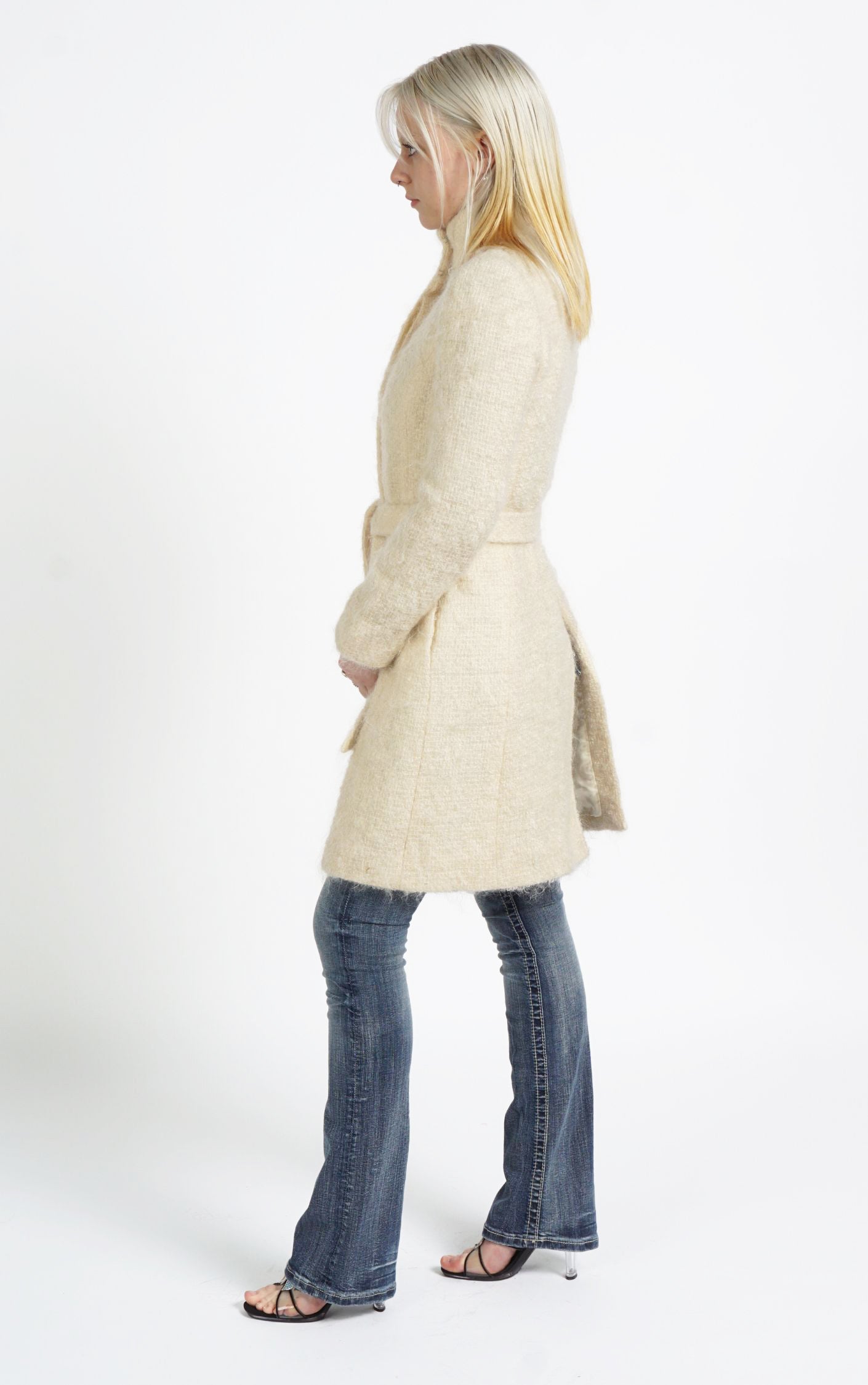 VINTAGE Beige Pastel Fuzzy Angora Wool Belted Stand Collar Coat resellum