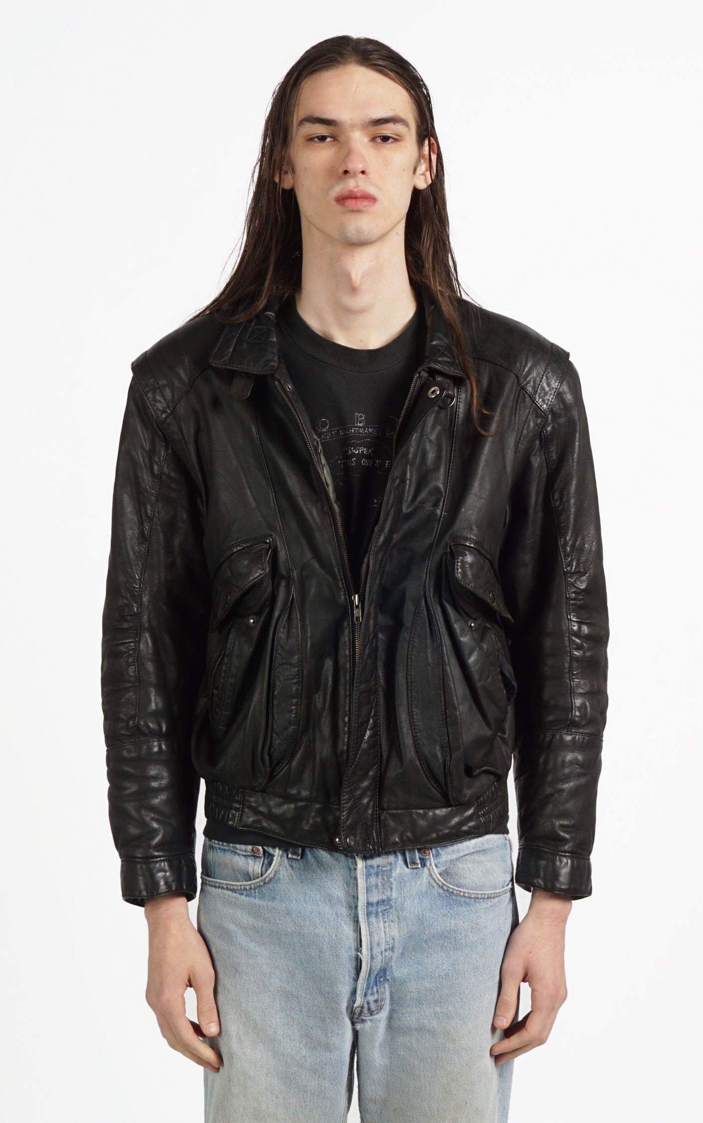 VINTAGE Black Leather Faded Aviator Style Grunge Jacket resellum