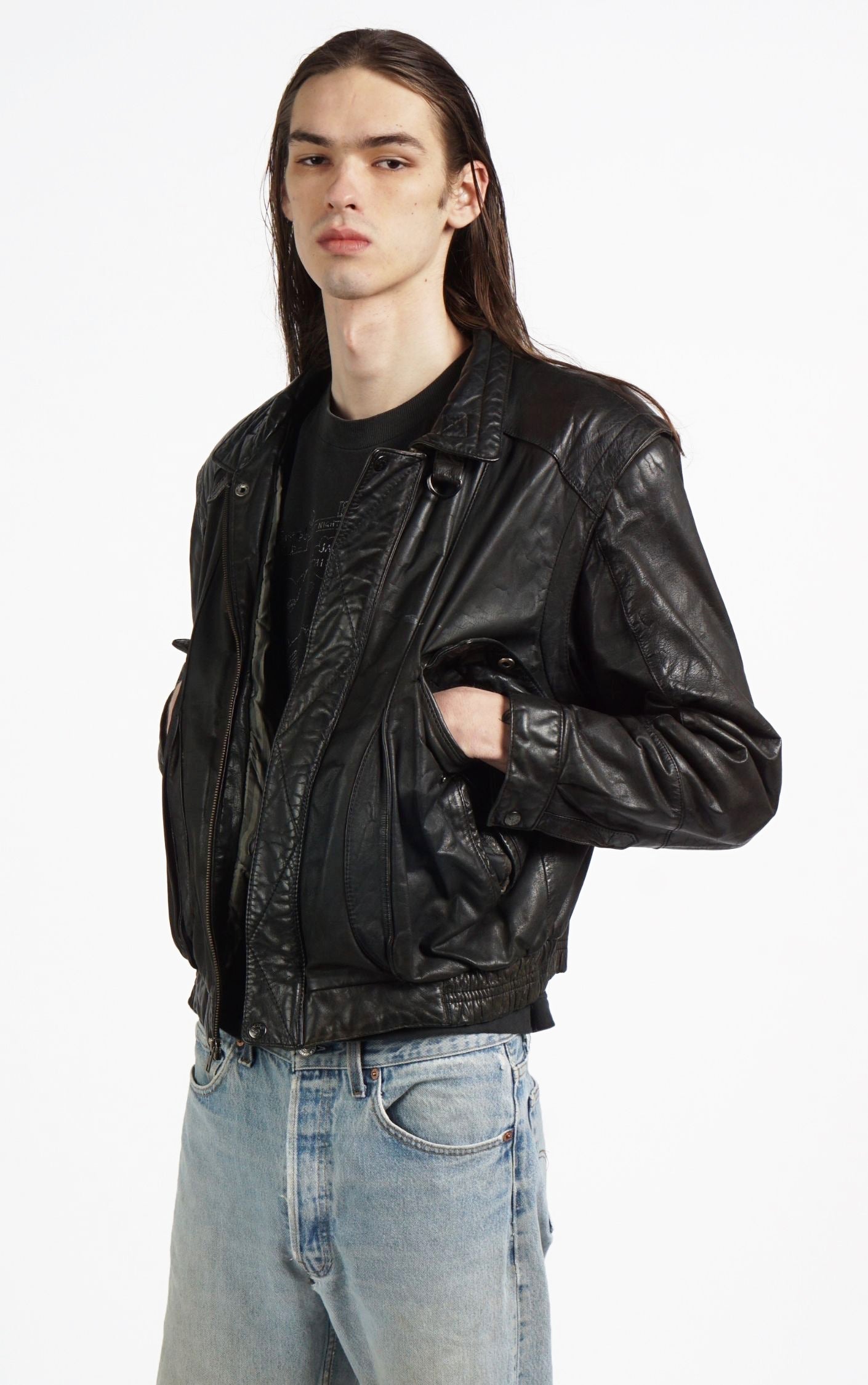 VINTAGE Black Leather Faded Aviator Style Grunge Jacket resellum