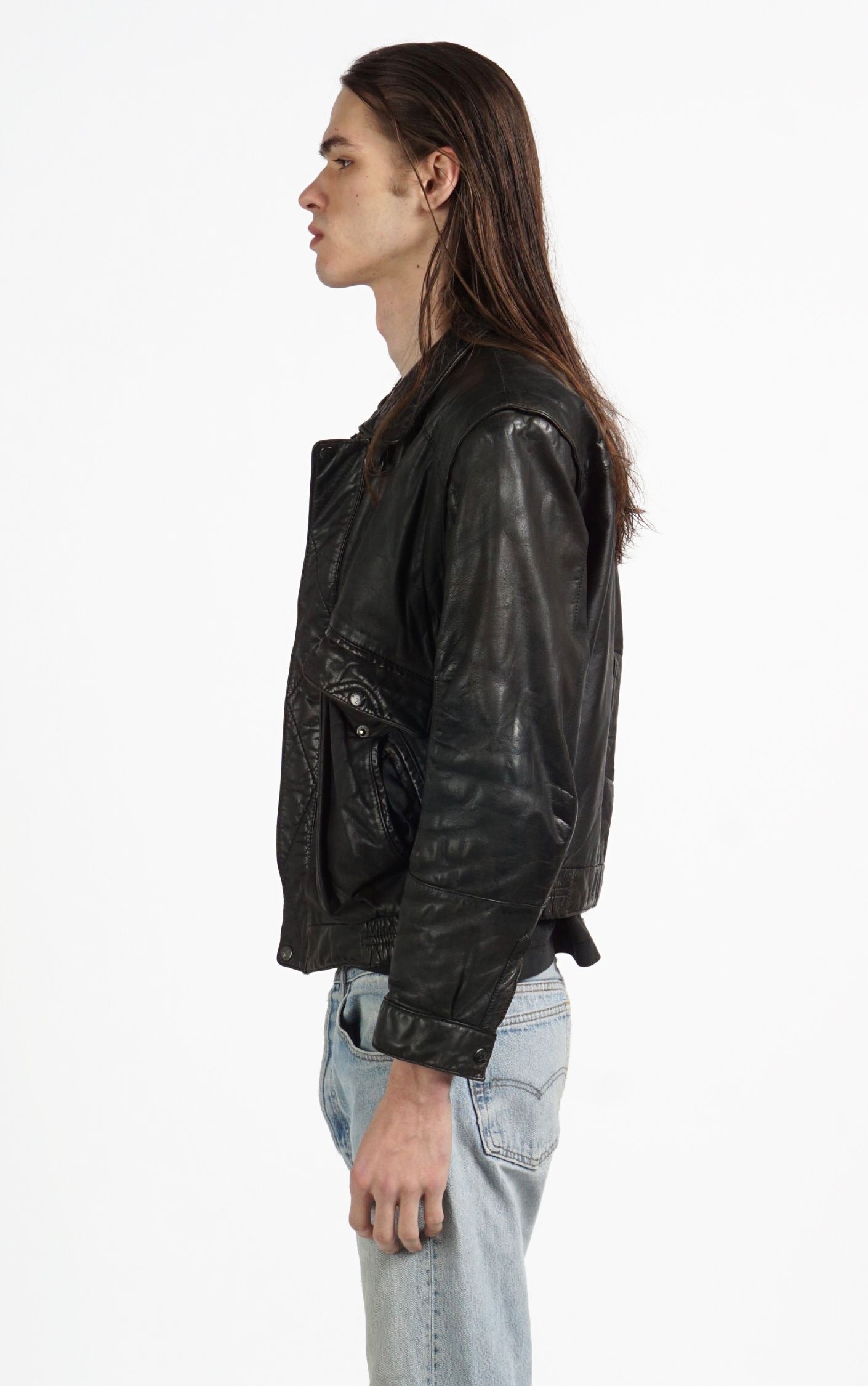 VINTAGE Black Leather Faded Aviator Style Grunge Jacket resellum