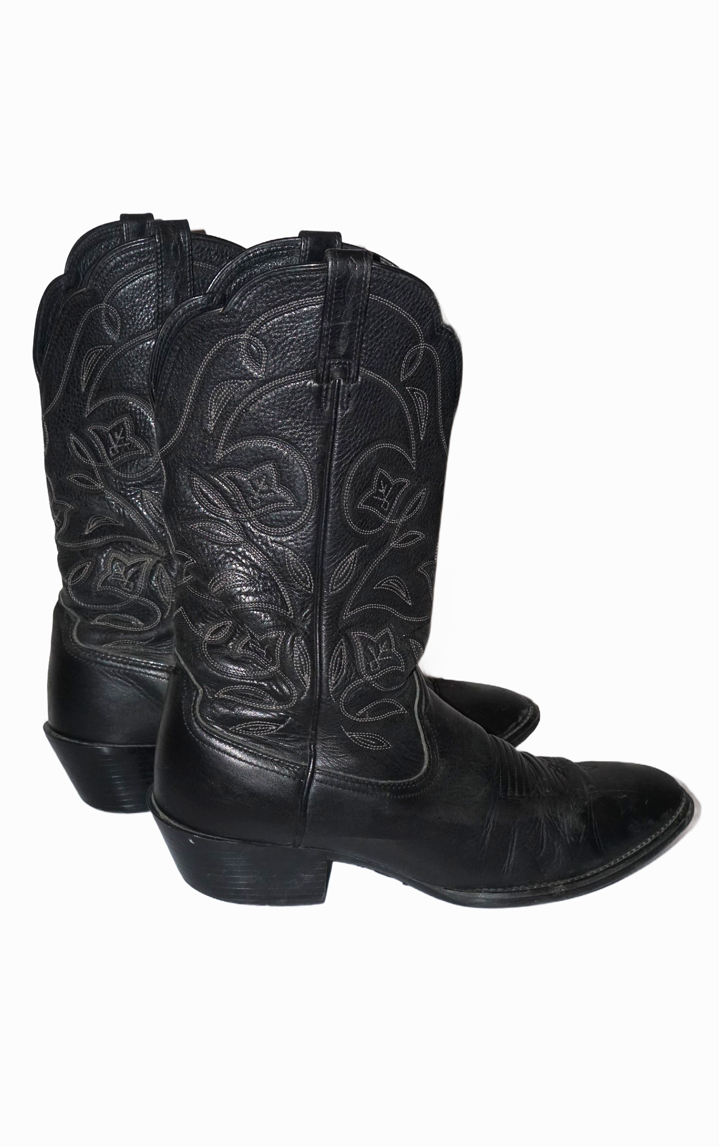 VINTAGE Black Leather Flower Pattern Western Cowboy Riding Boots resellum
