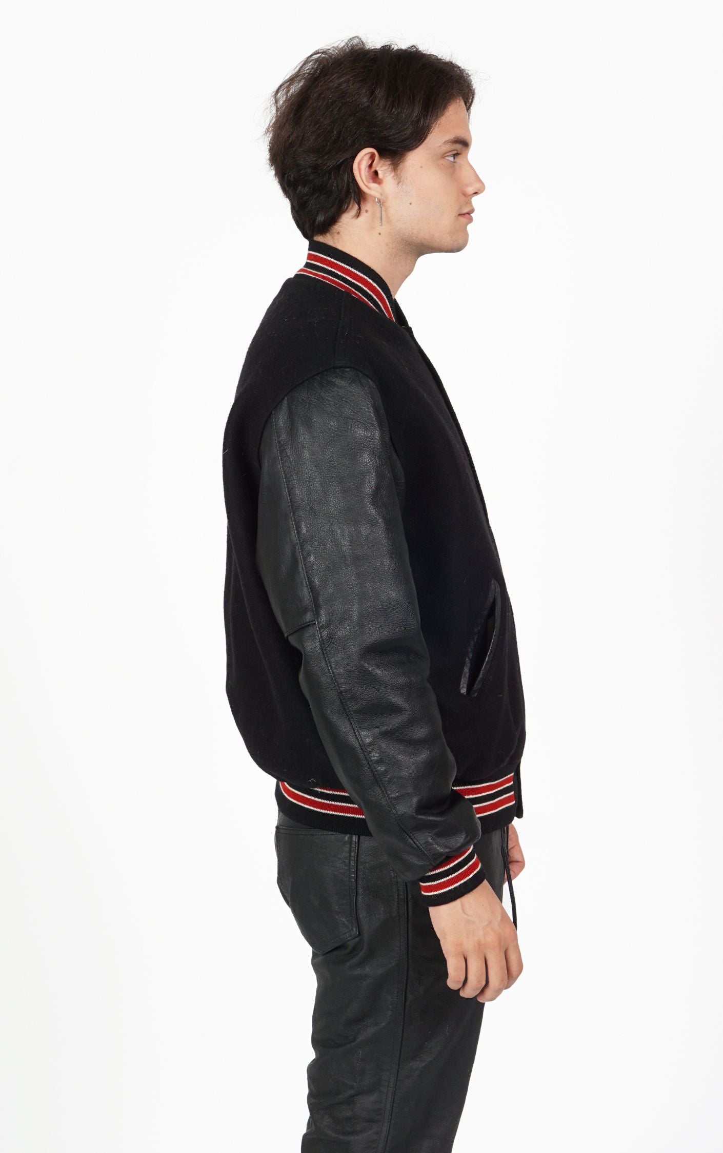VINTAGE Black Leather Sleeves Bomber Varsity Jacket resellum