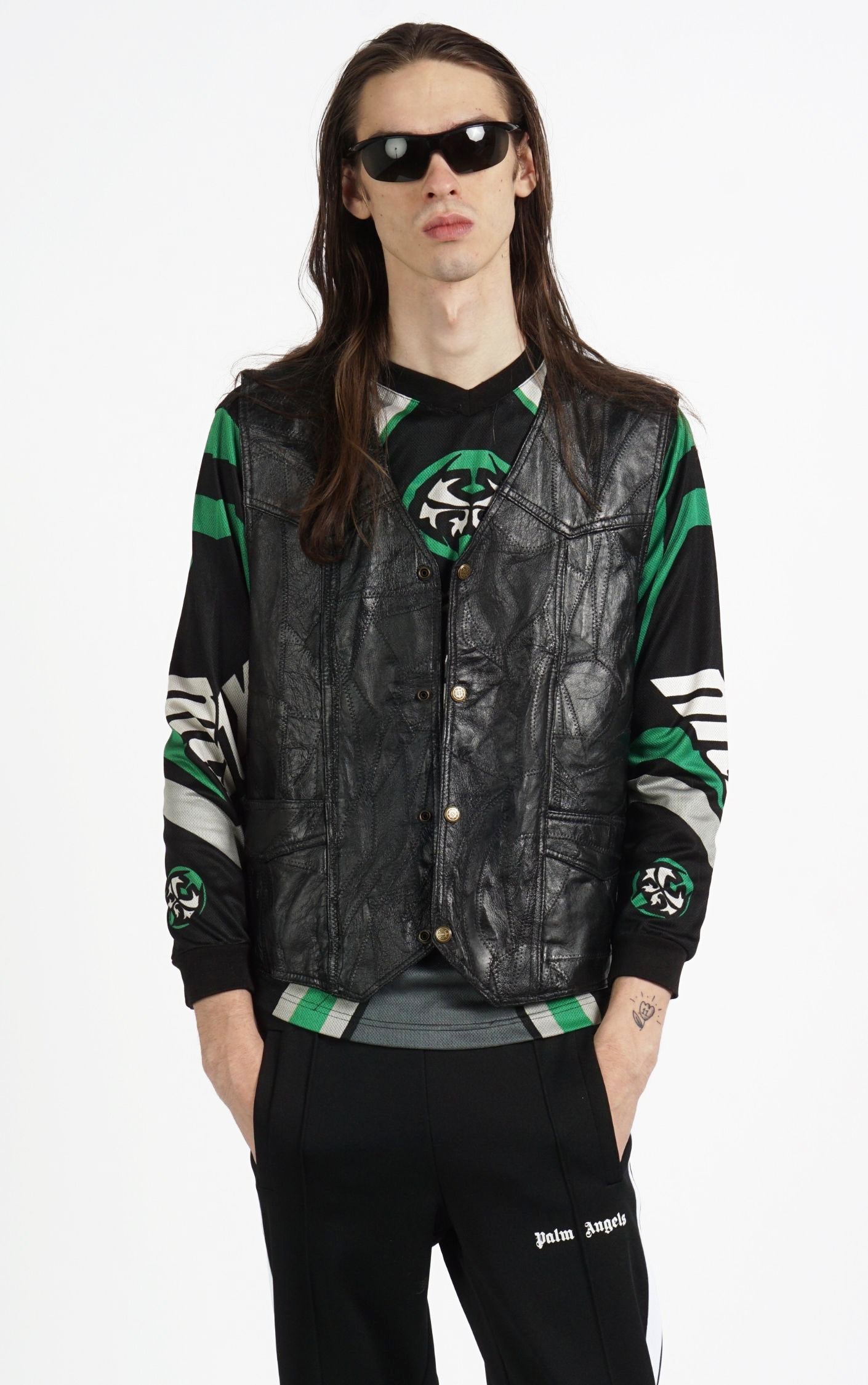 VINTAGE Black Real Leather Patchwork Grunge Goth Biker Vest resellum