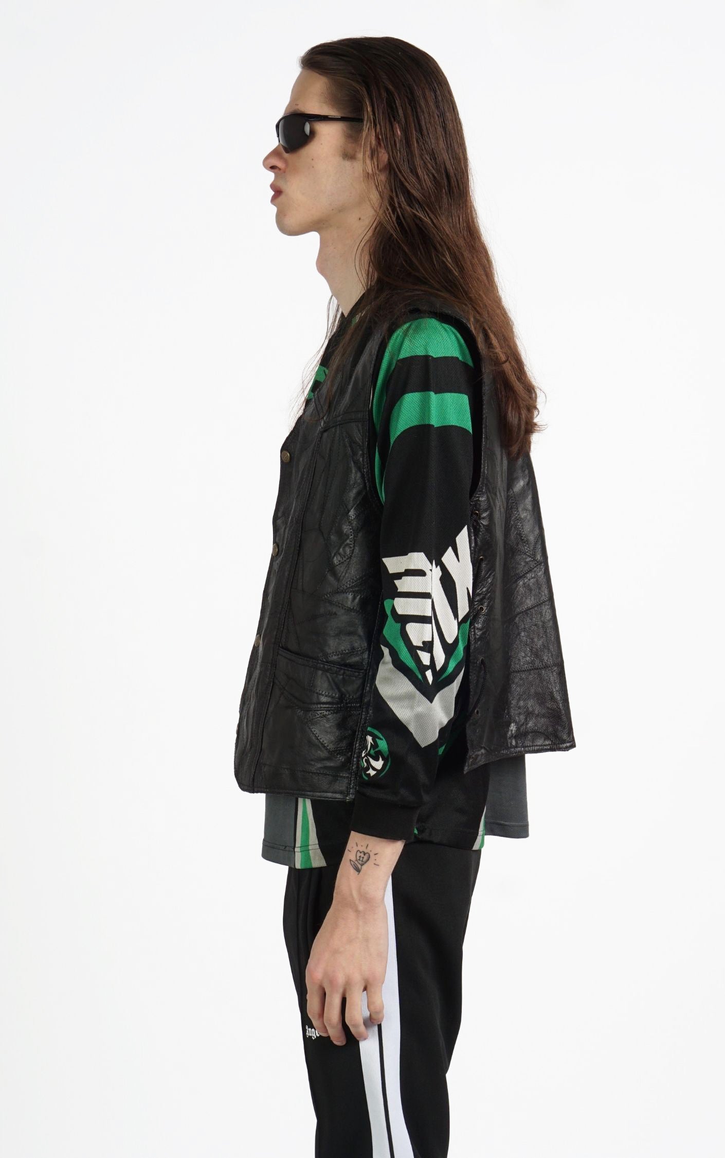 VINTAGE Black Real Leather Patchwork Grunge Goth Biker Vest resellum