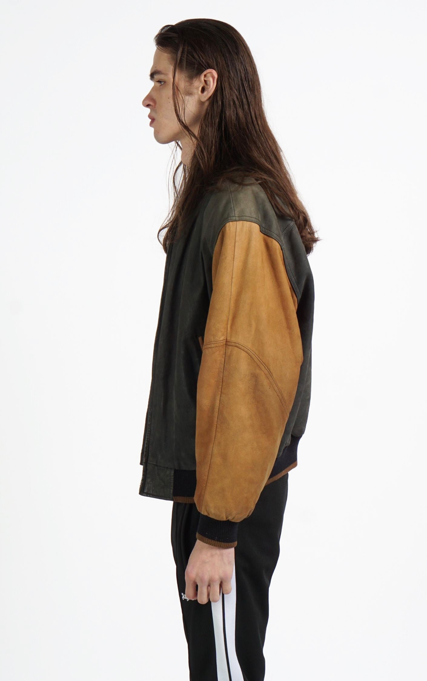 VINTAGE Brown Faded Leather Grunge Bomber Varsity Jacket resellum