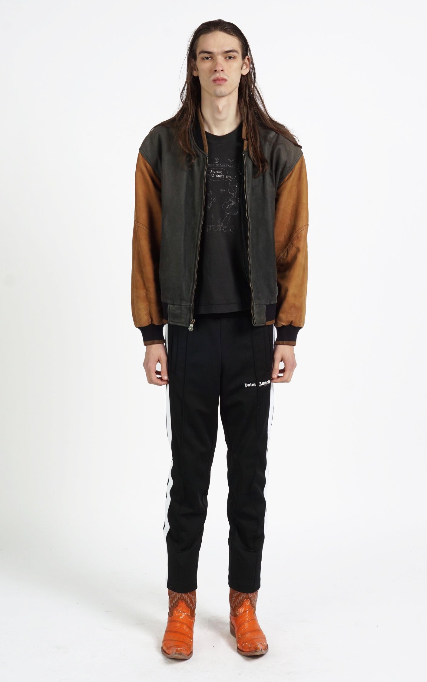 VINTAGE Brown Faded Leather Grunge Bomber Varsity Jacket resellum