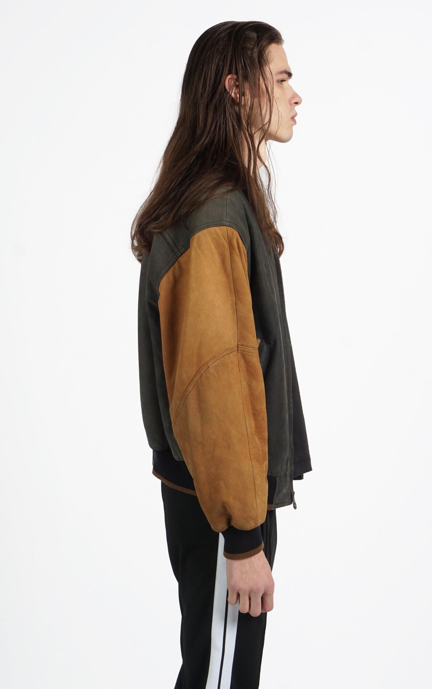 VINTAGE Brown Faded Leather Grunge Bomber Varsity Jacket resellum