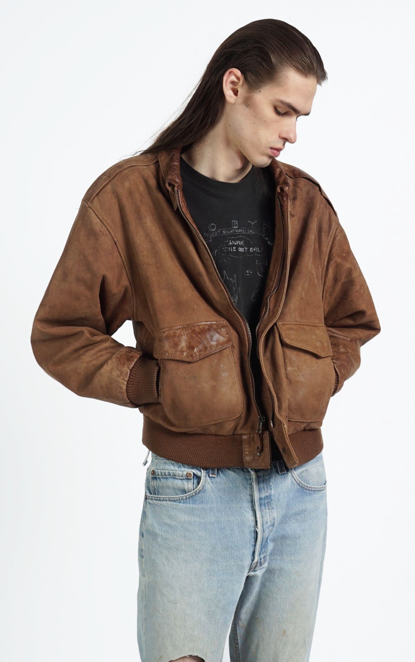 VINTAGE Brown Faded Leather Pockets Aviator Style Bomber Jacket resellum