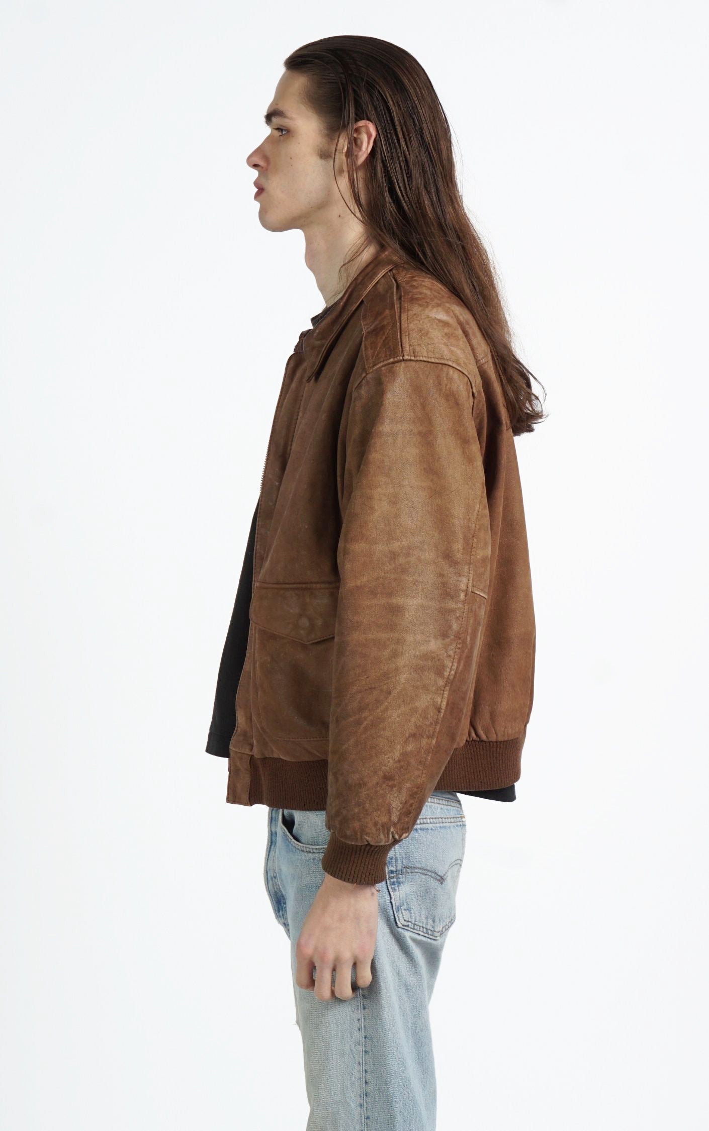 VINTAGE Brown Faded Leather Pockets Aviator Style Bomber Jacket resellum