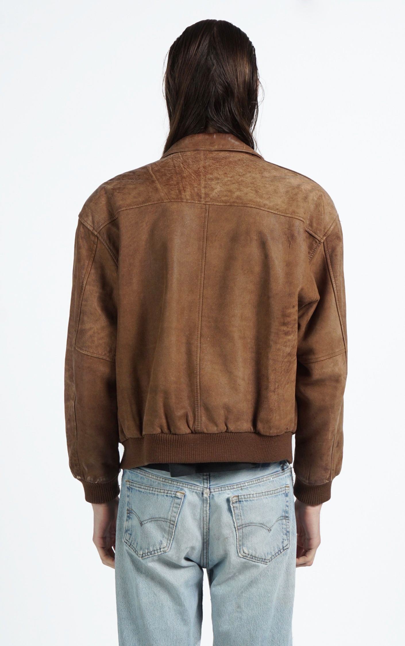 VINTAGE Brown Faded Leather Pockets Aviator Style Bomber Jacket resellum