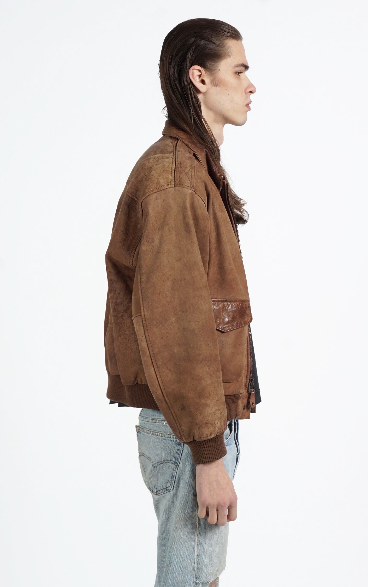 VINTAGE Brown Faded Leather Pockets Aviator Style Bomber Jacket resellum