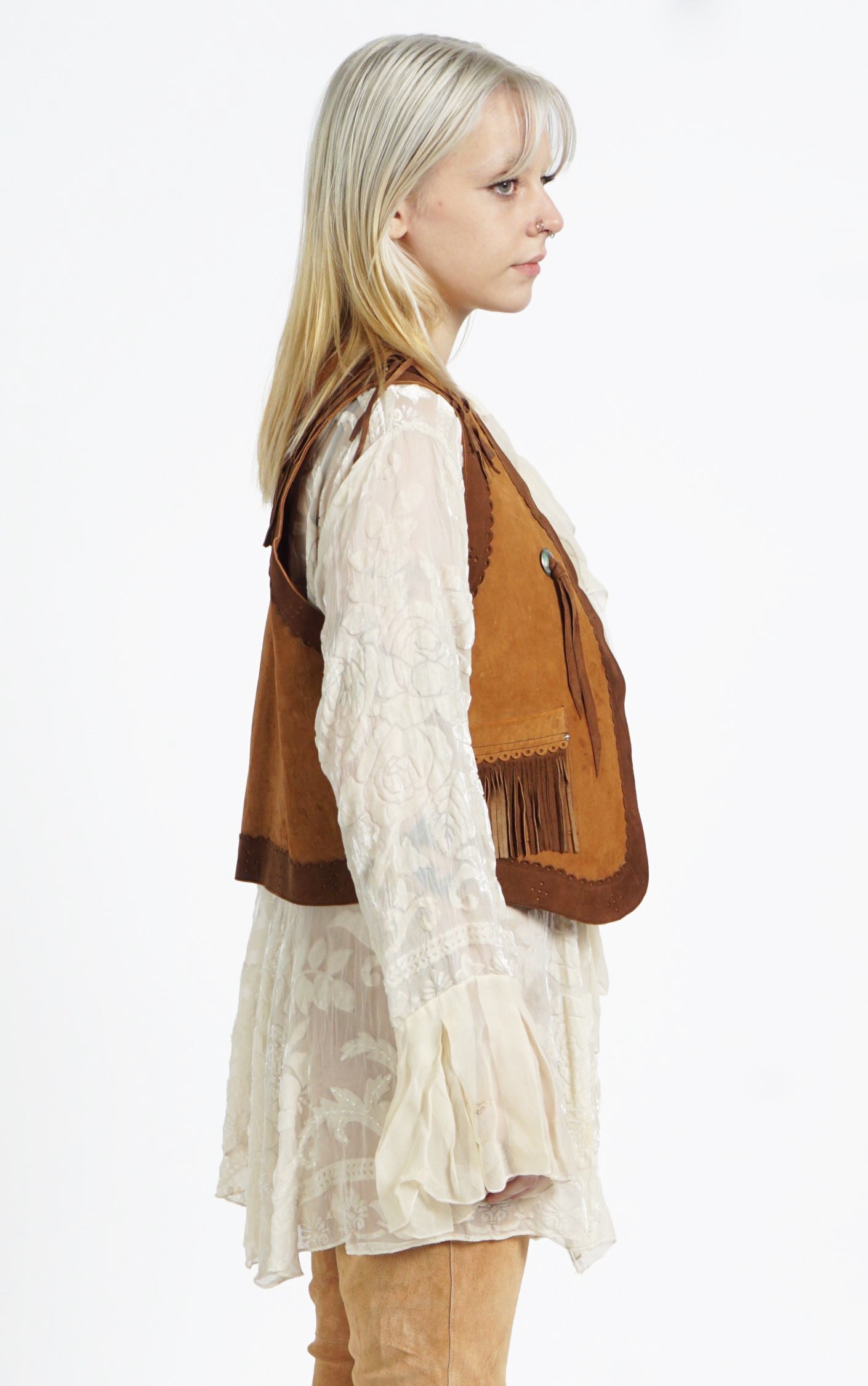 VINTAGE Brown Suede Leather Fringe Boho Vest resellum