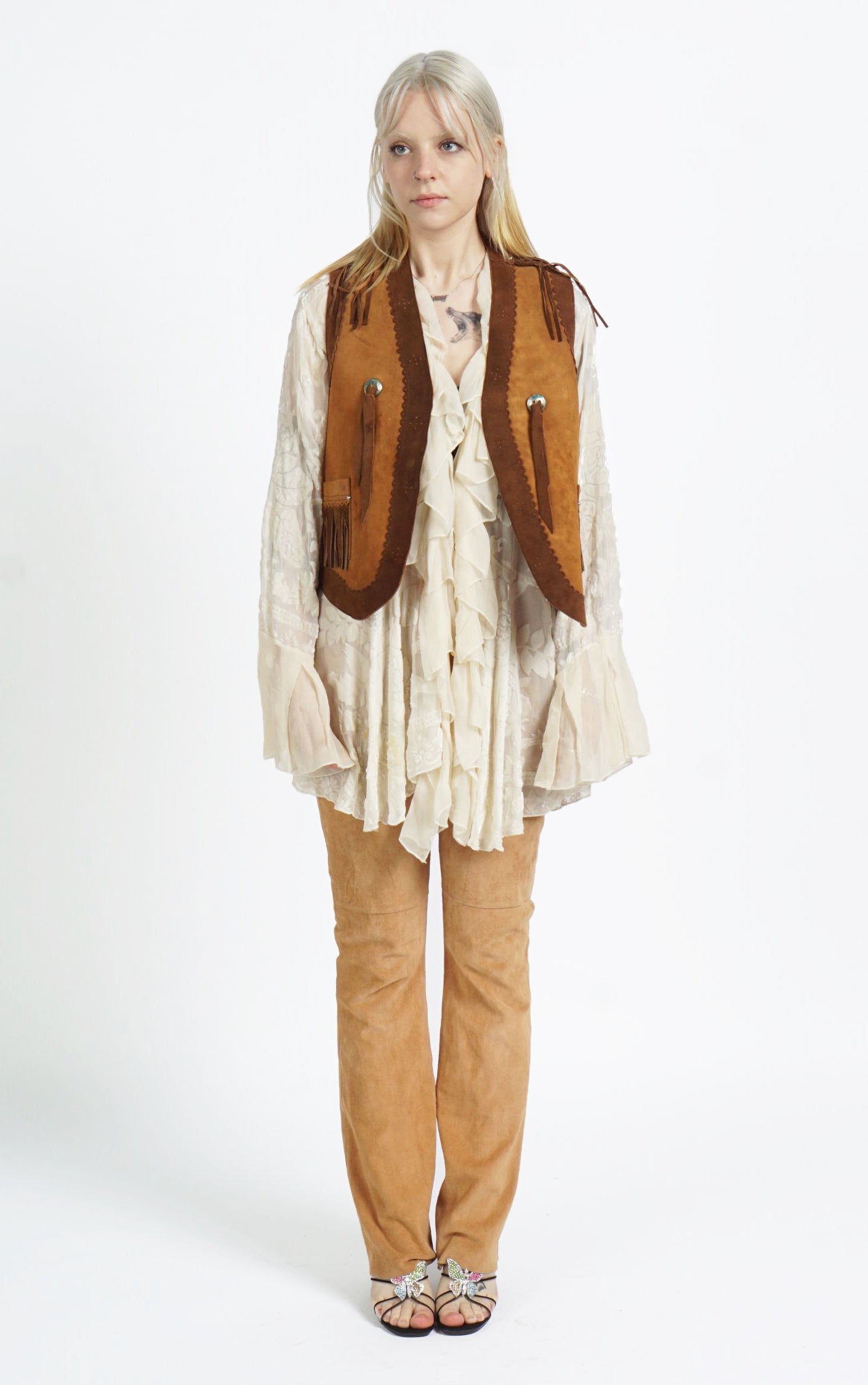 VINTAGE Brown Suede Leather Fringe Boho Vest resellum