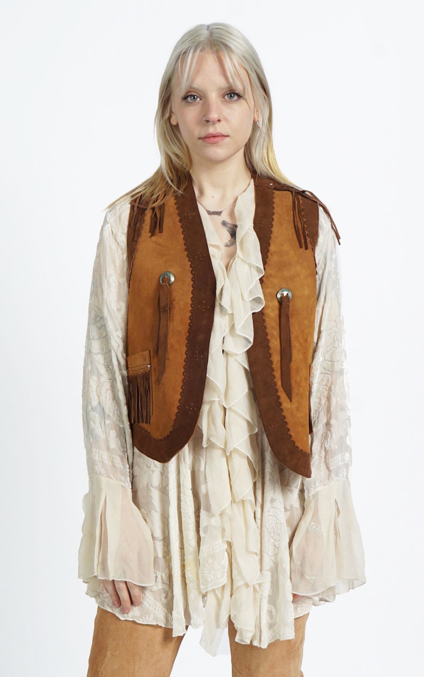 VINTAGE Brown Suede Leather Fringe Boho Vest resellum