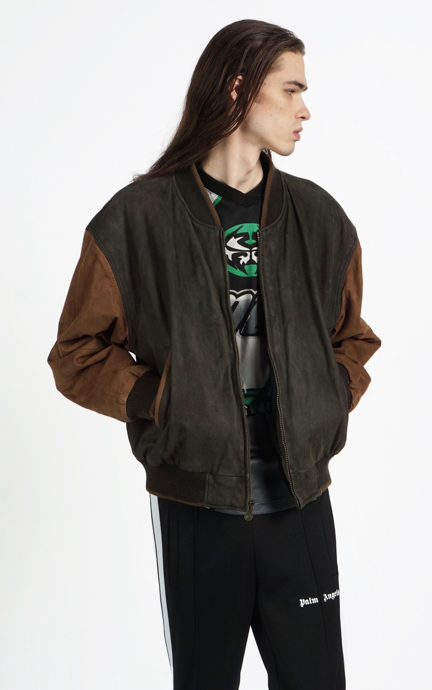 VINTAGE Brown Suede Leather Grunge Bomber Varsity Jacket resellum