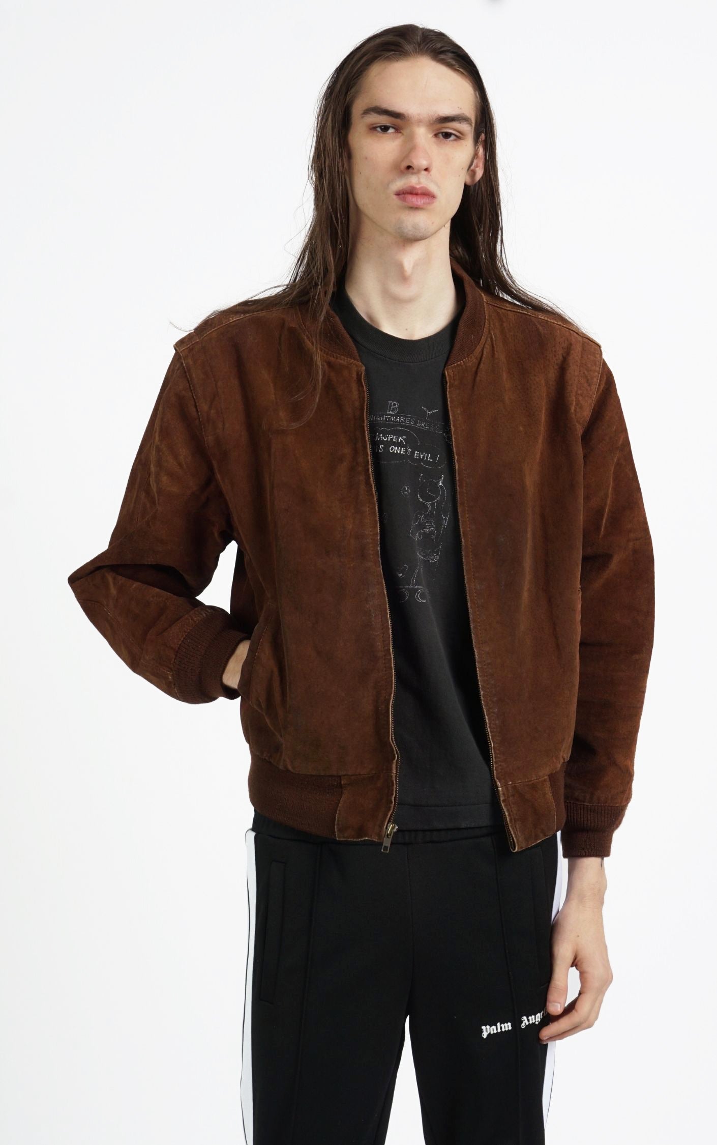VINTAGE Brown Suede Zip Up Collared Bomber Jacket resellum