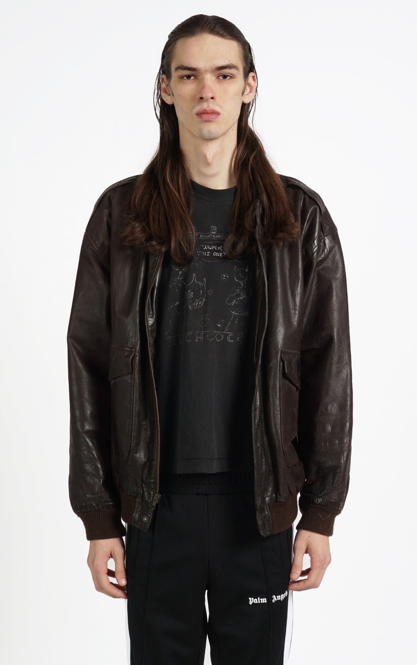 VINTAGE Dark Brown Faded Leather Aviator Style Pockets Grunge Jacket resellum