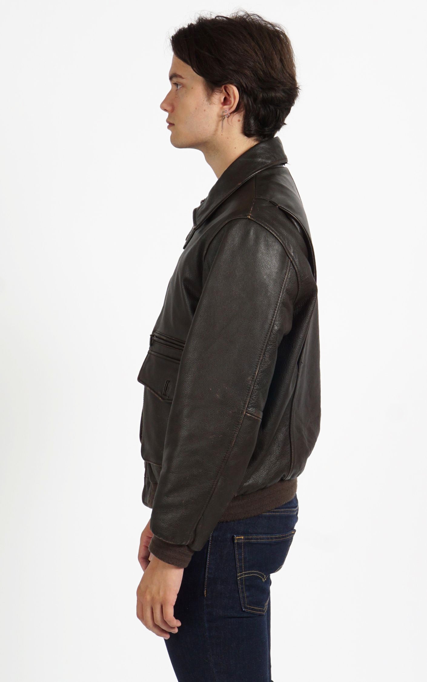 VINTAGE Dark Brown Faded Leather Pockets Aviator Style Jacket resellum
