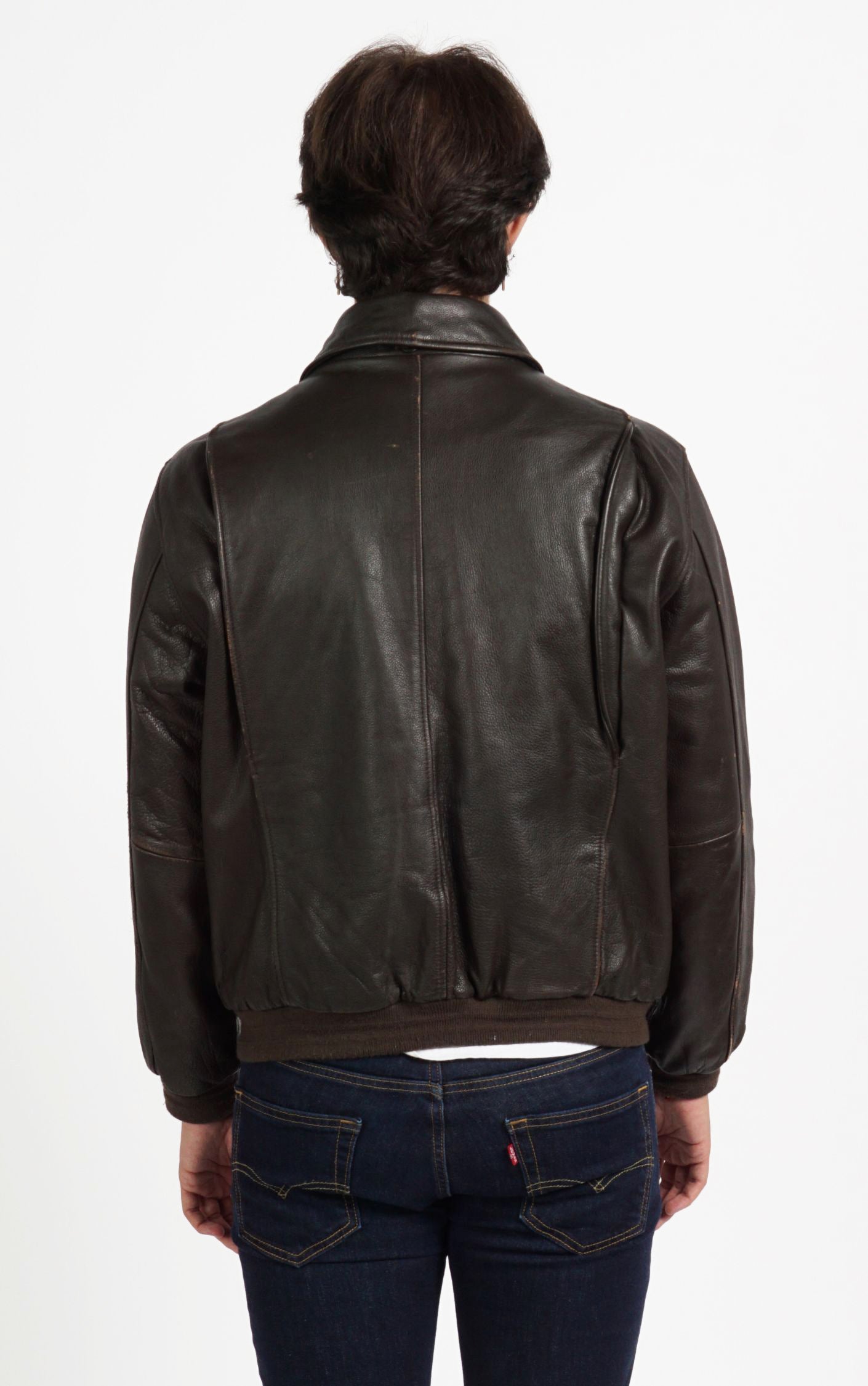 VINTAGE Dark Brown Faded Leather Pockets Aviator Style Jacket resellum