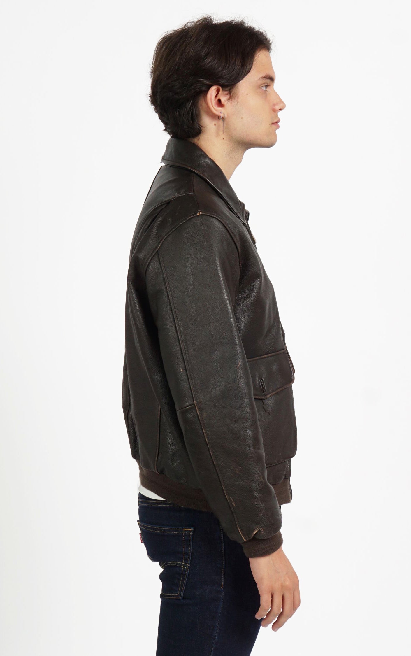 VINTAGE Dark Brown Faded Leather Pockets Aviator Style Jacket resellum
