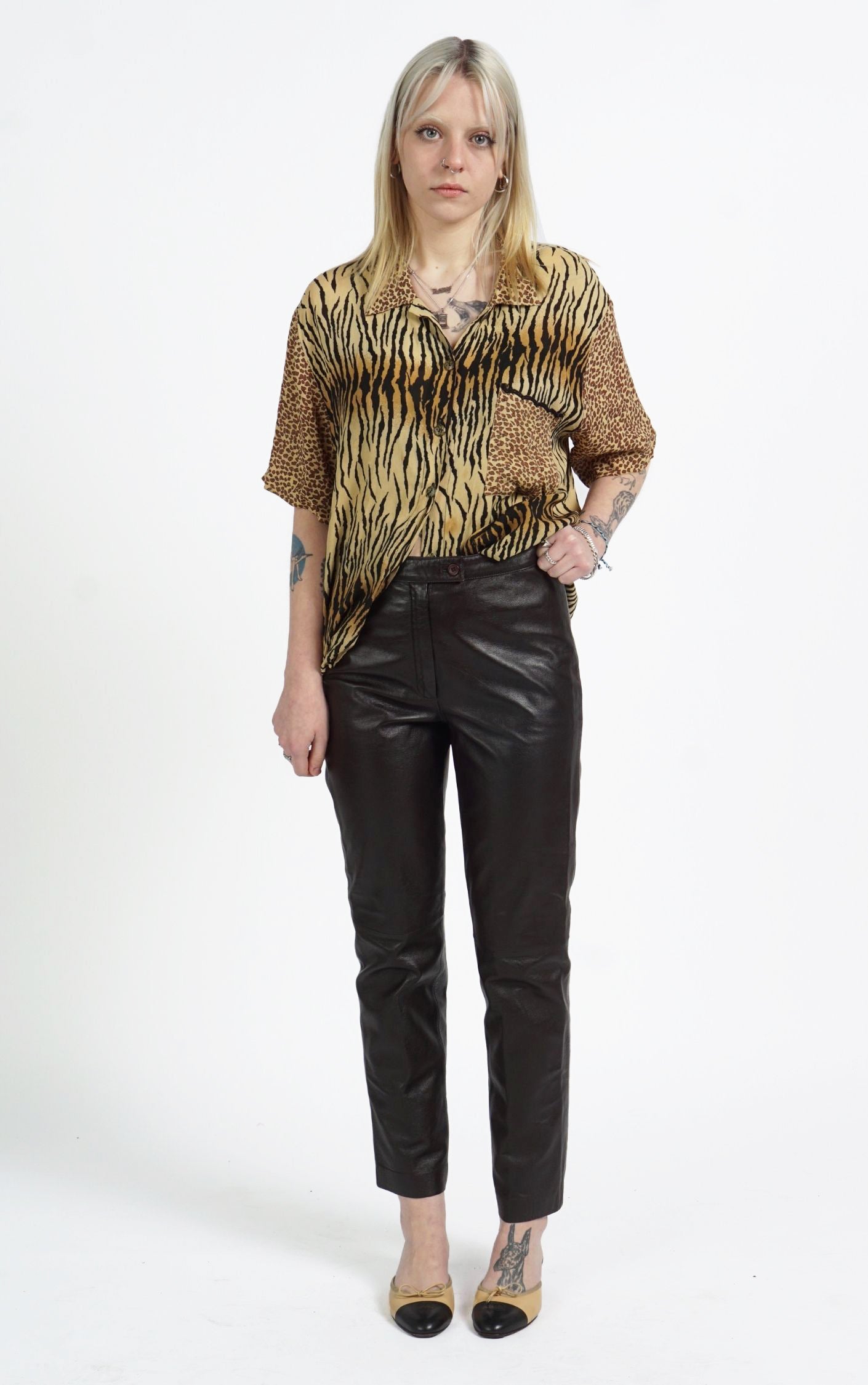 VINTAGE Dark Brown Real Leather Straight Leg Glam Rock Pants resellum