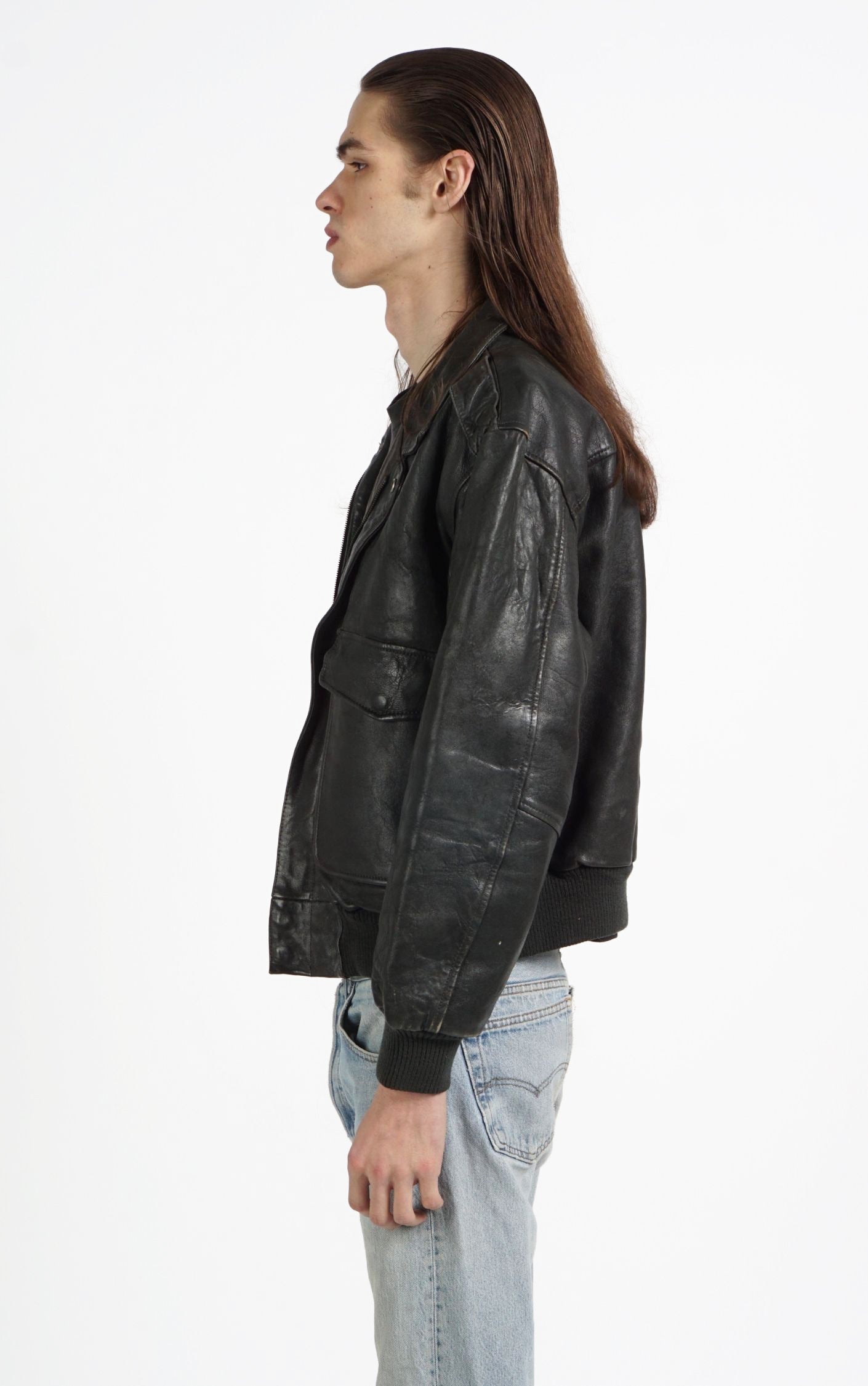 VINTAGE Dark Gray Faded Leather Aviator Style Pockets Grunge Jacket resellum